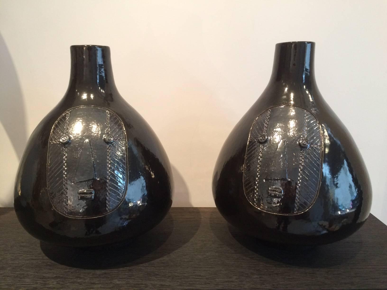 French Large Pair of Ceramic Lamp Bases Glazed in Black signed by DaLo For Sale