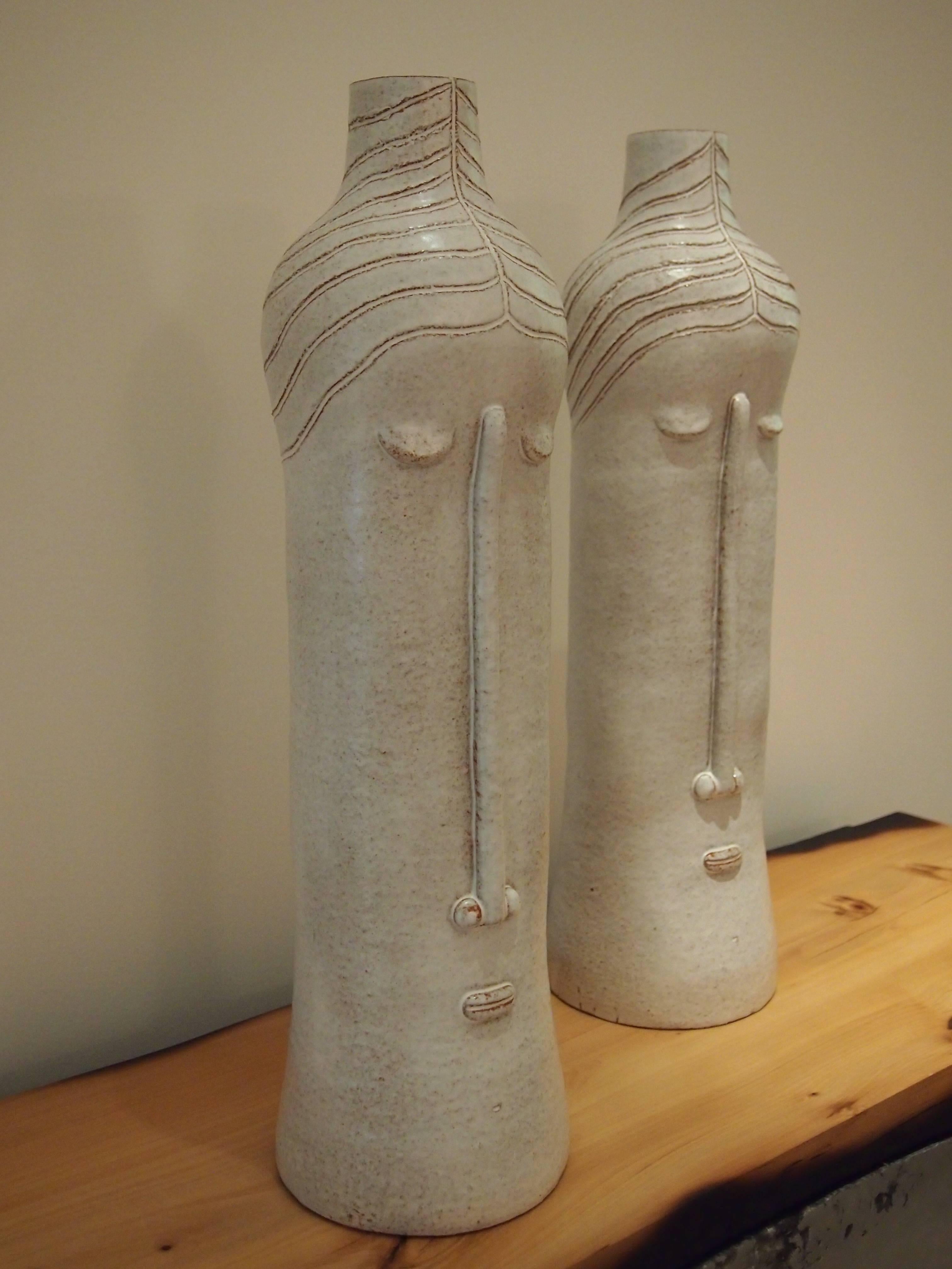 Pair of Ceramic Lamp Bases with Stylized Faces, Unique Piece by Dalo 1