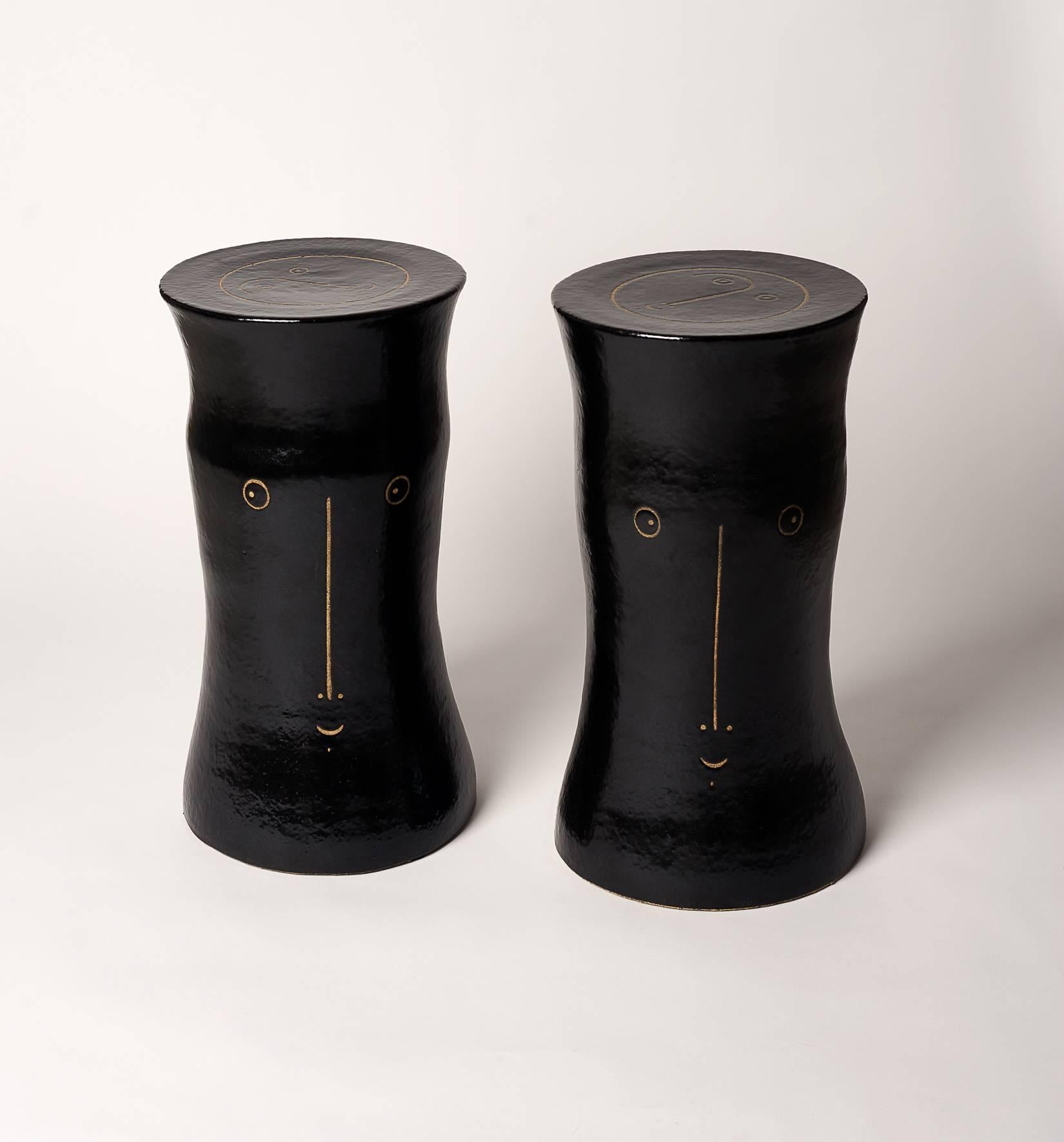Pair of Black Glazed Ceramic Stools, Unique Piece by Dalo In Excellent Condition In Paris, FR