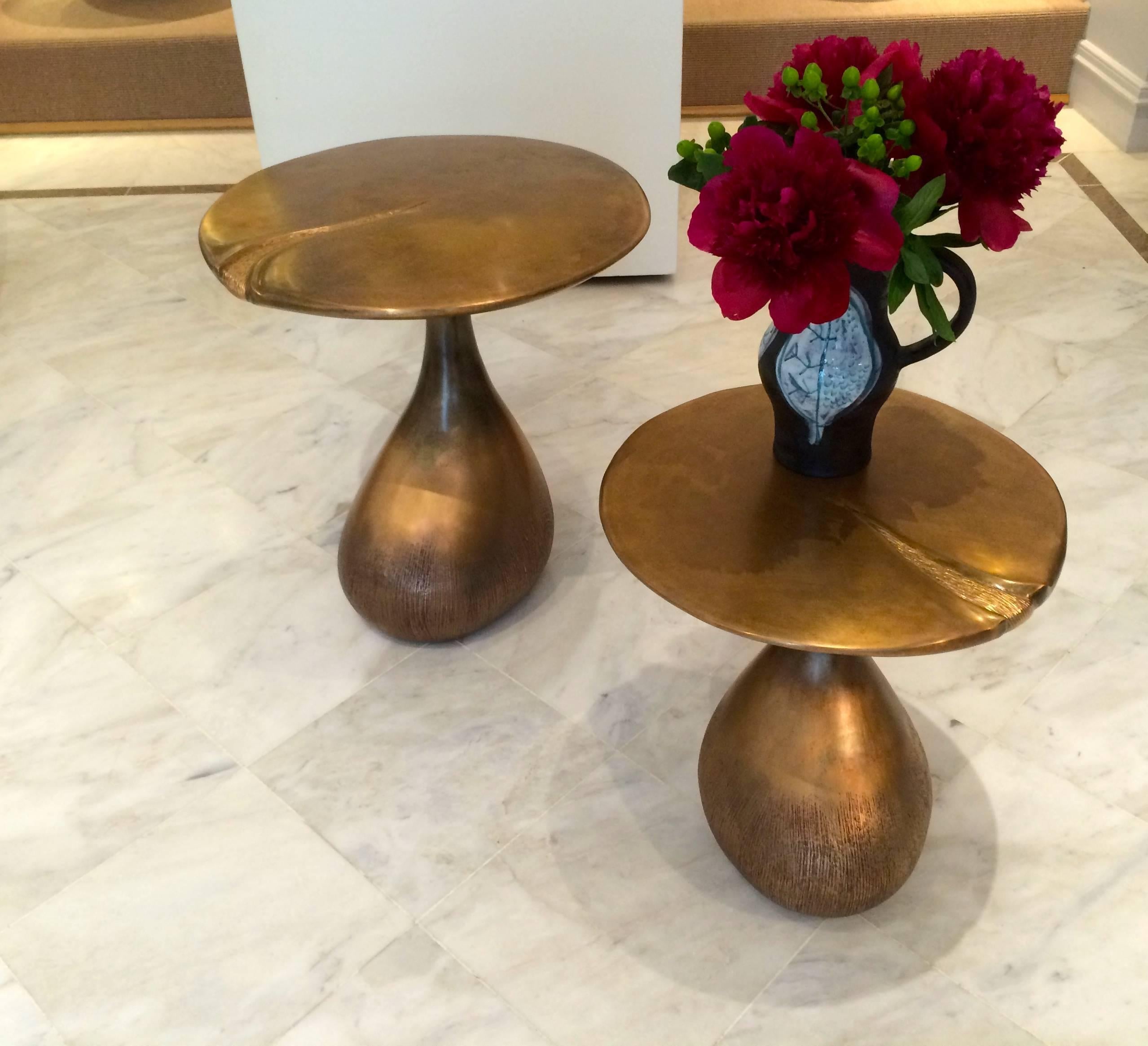 Pair of Bronze Gueridons / Side Tables by designer Hoon Moreau For Sale 1