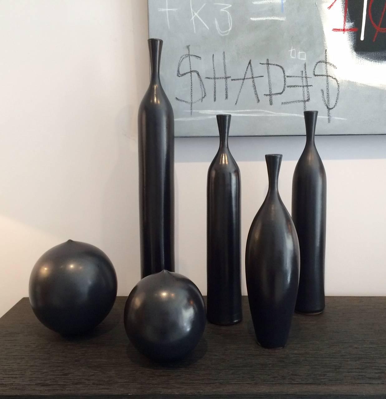 French Set of Six Black Ceramic Vases Signed by J.Bro