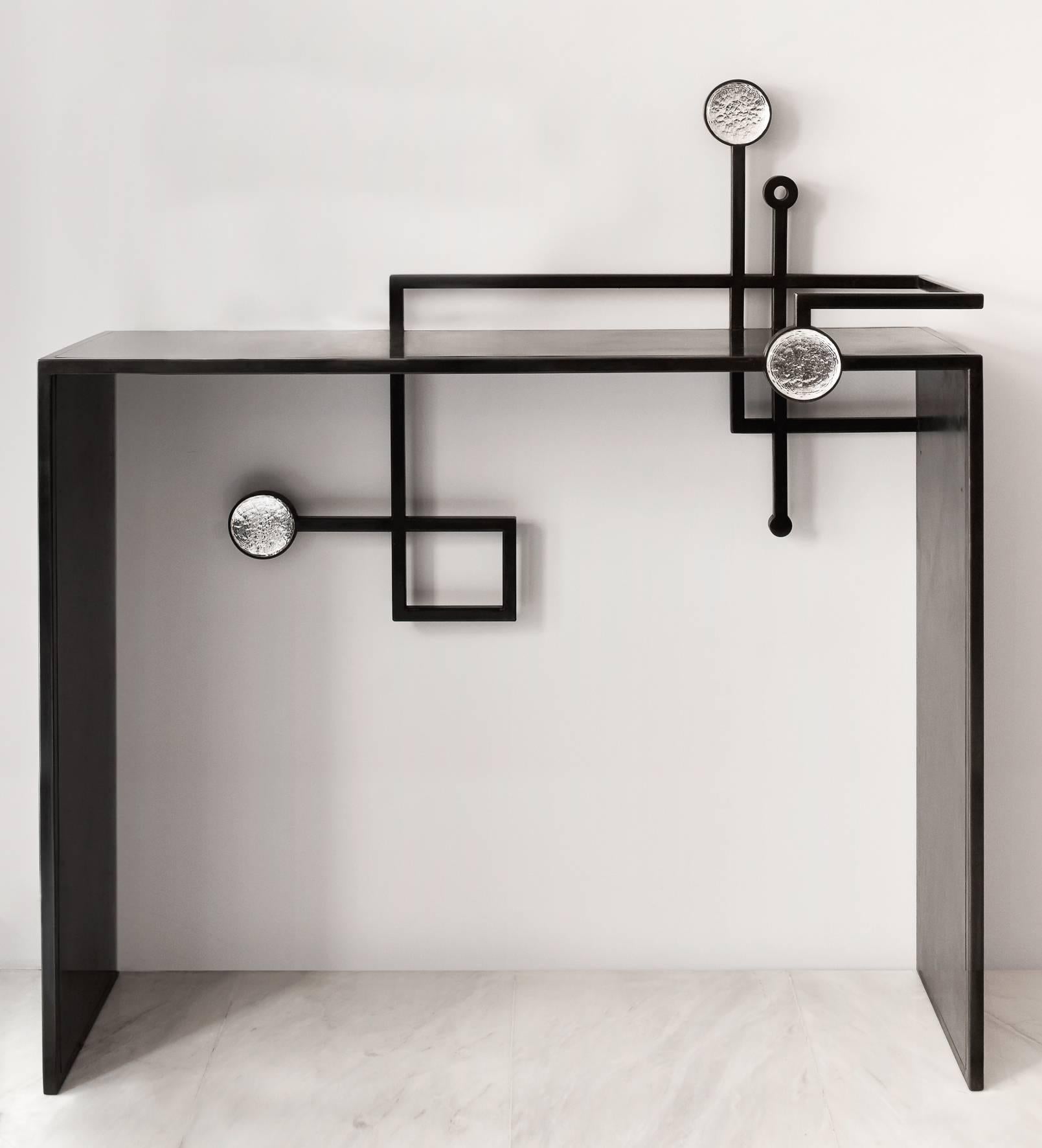 Black metal with silver glass cabochons console, one of kind exclusivity for the gallery by Caroline Wagenaar 