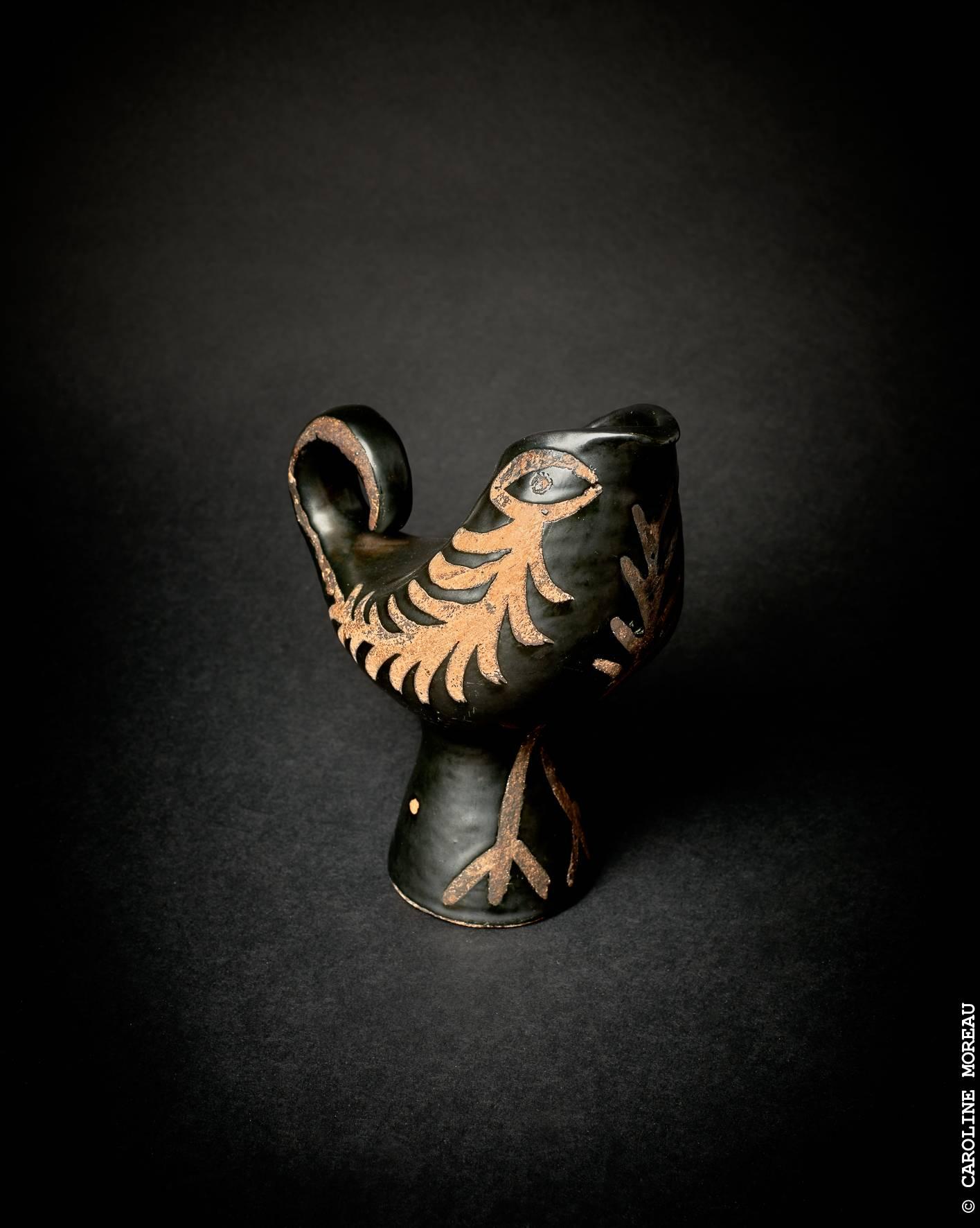 Black enameled earthenware famous Bird Pitcher by Roger Capron.