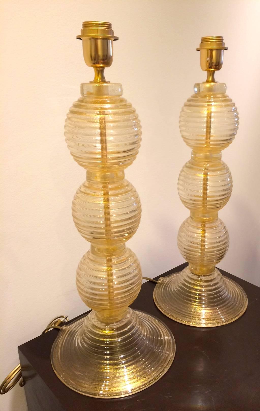 Pair of Murano Golden Glass Lamps In Excellent Condition In Paris, FR