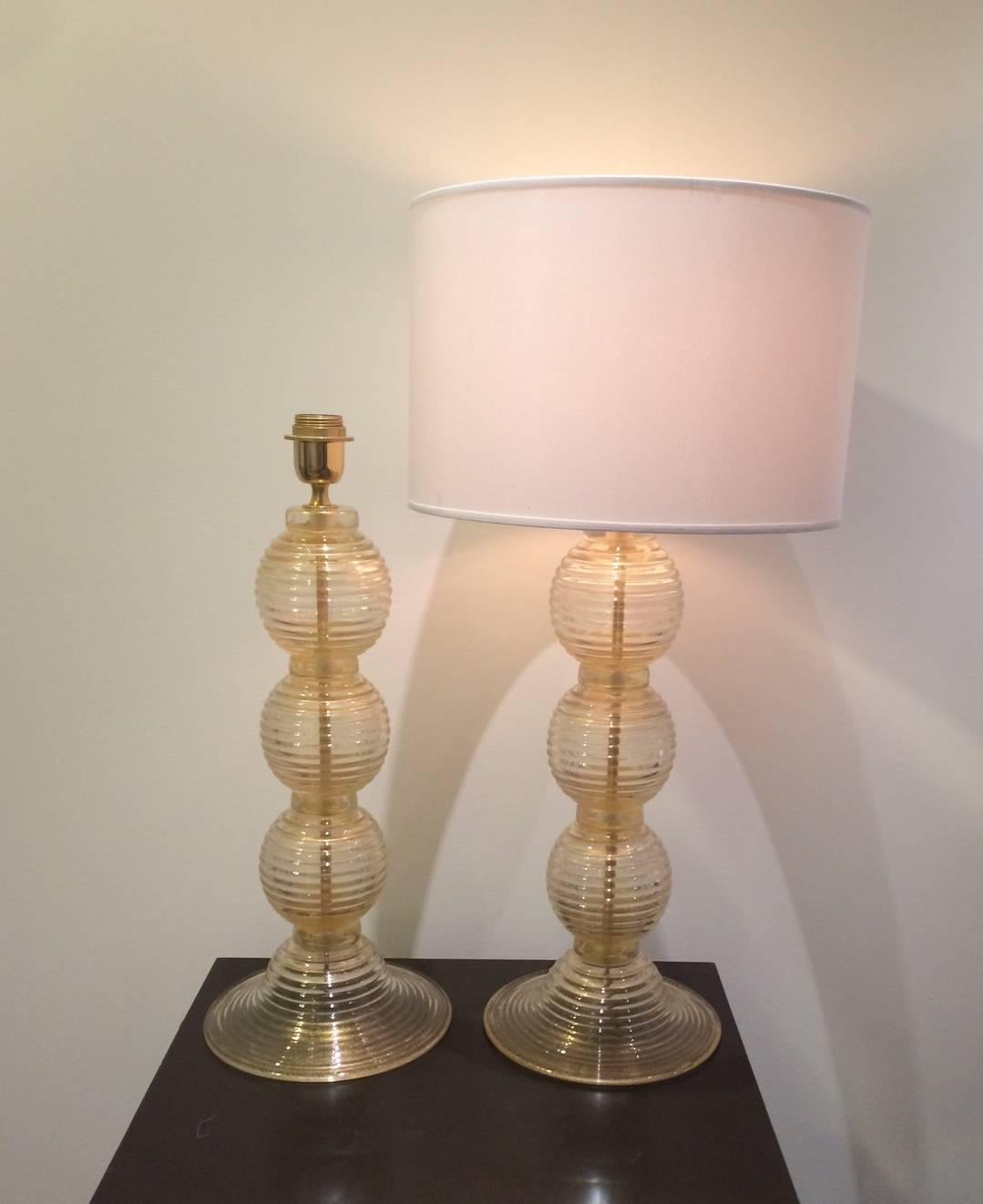 Late 20th Century Pair of Murano Golden Glass Lamps