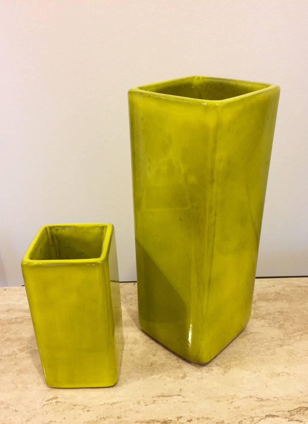 Mid-20th Century Set of Two Ceramic Yellow Square Vases Signed by Ruelland