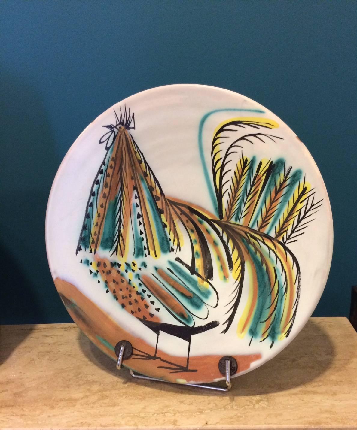 Mid-20th Century Roger Capron Decorative Bird Round Dish, 1950s