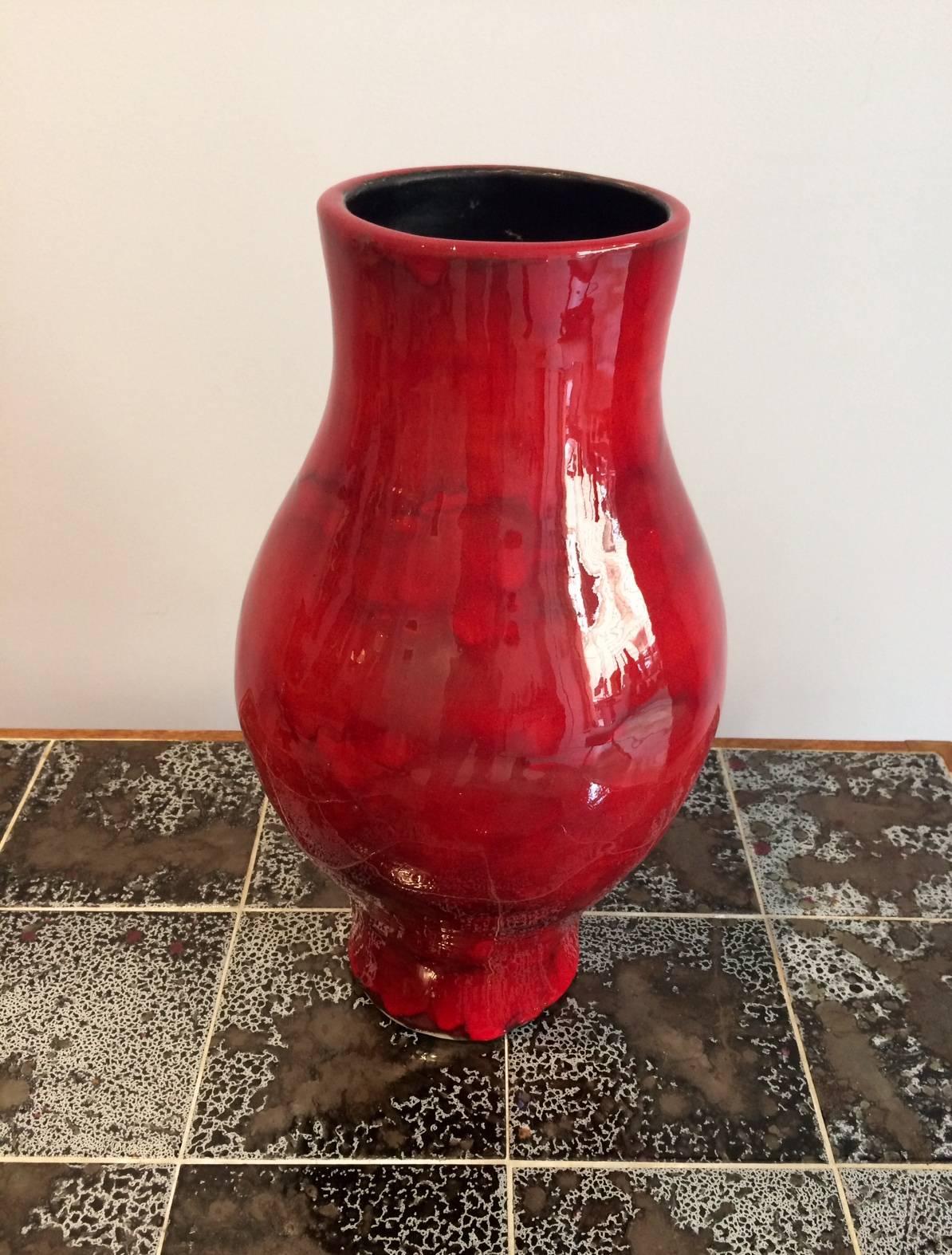 Mid-20th Century Shiny Red Enameled Vase H 40 cm  Signed by RJ Cloutier 1960's