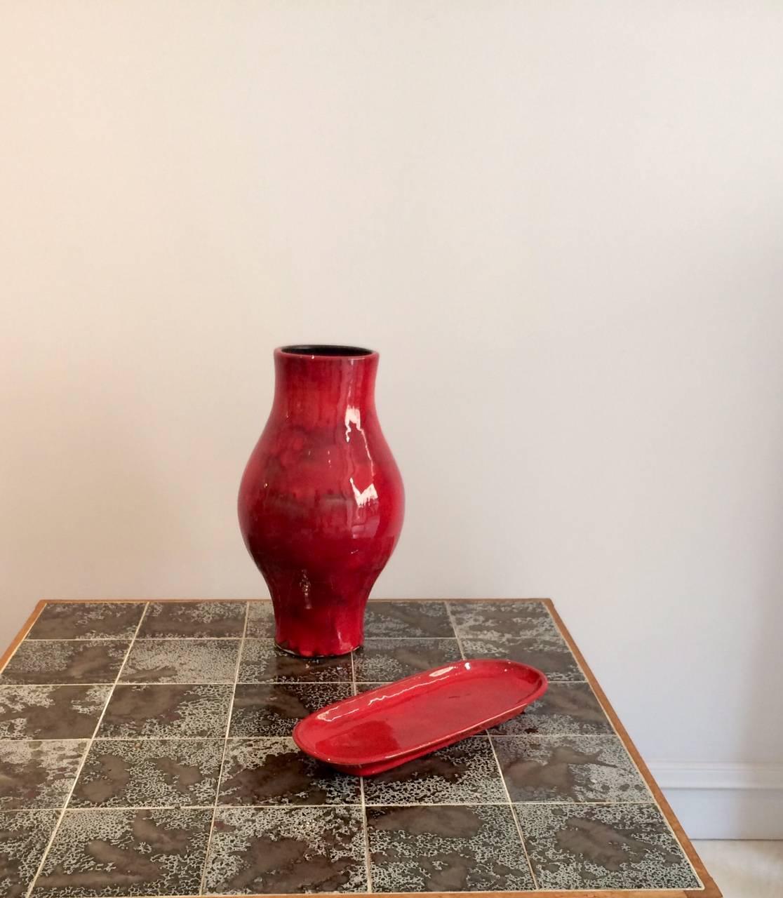 Ceramic Shiny Red Enameled Vase H 40 cm  Signed by RJ Cloutier 1960's