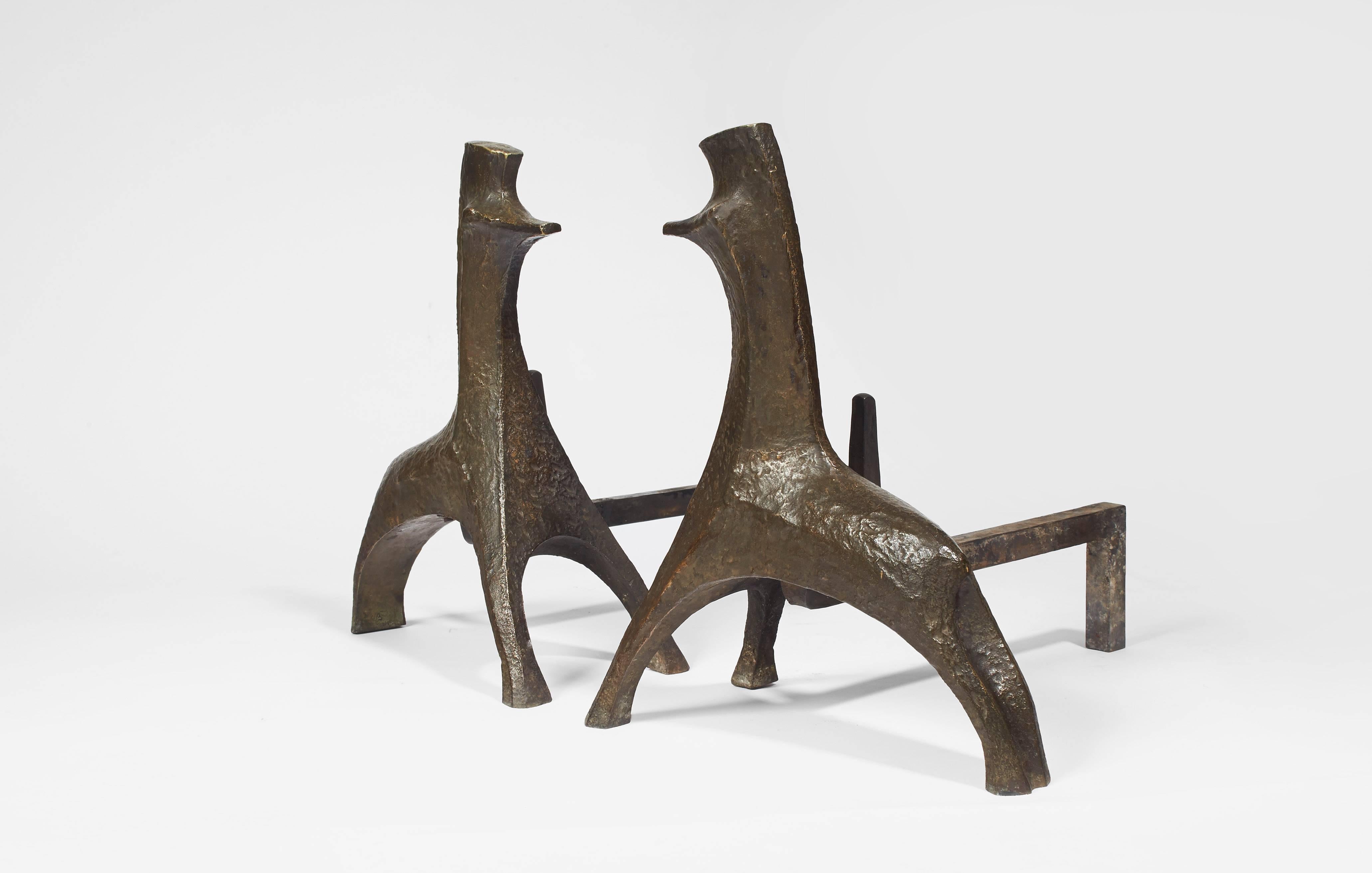 Mid-20th Century Pair of Stylised Bronze and Wrought-Iron Fire-Dogs 1960s