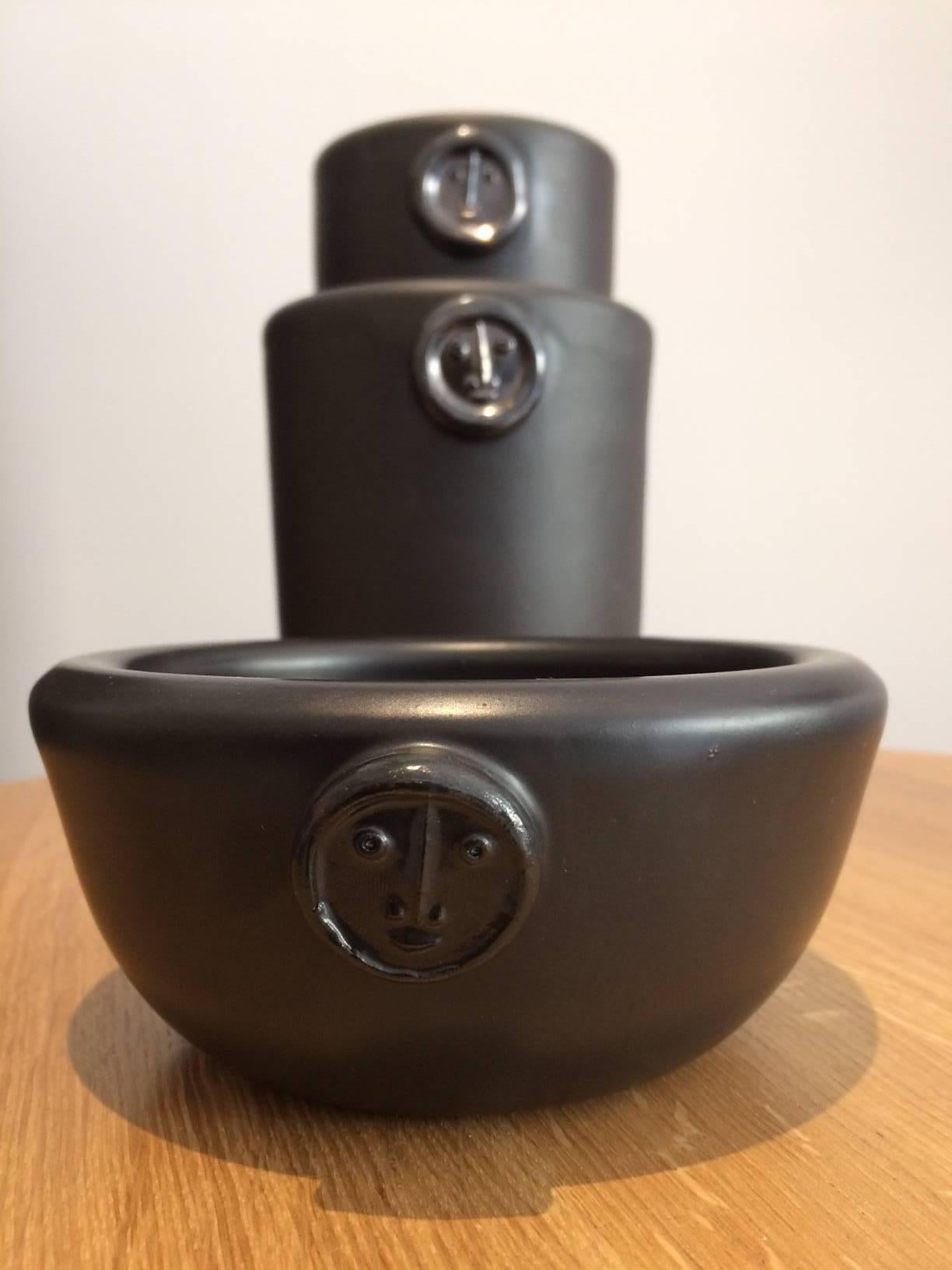 Set of Three Black Ceramic Vases Signed by DaLo 2
