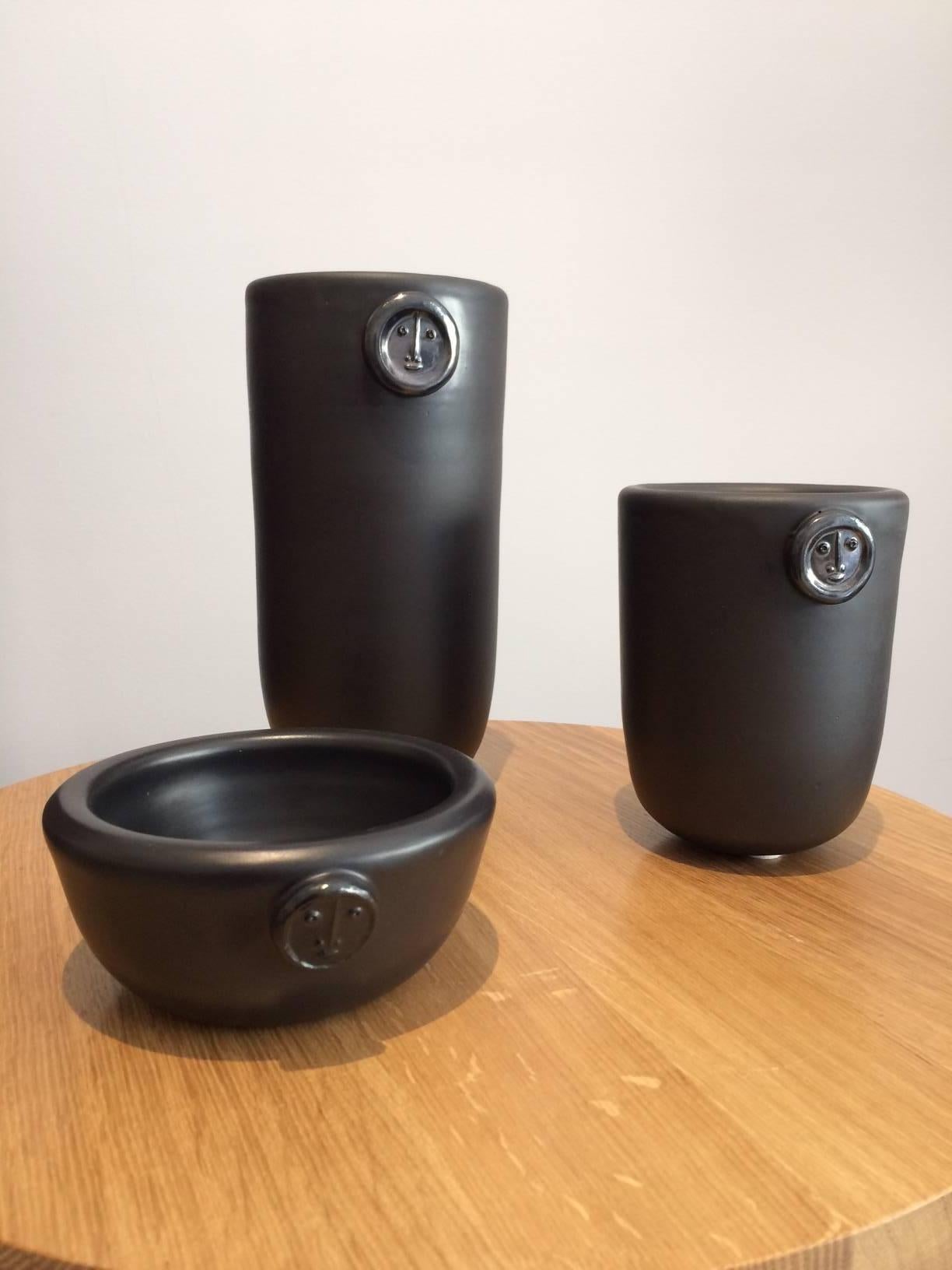 Set of Three Black Ceramic Vases Signed by DaLo In Excellent Condition In Paris, FR