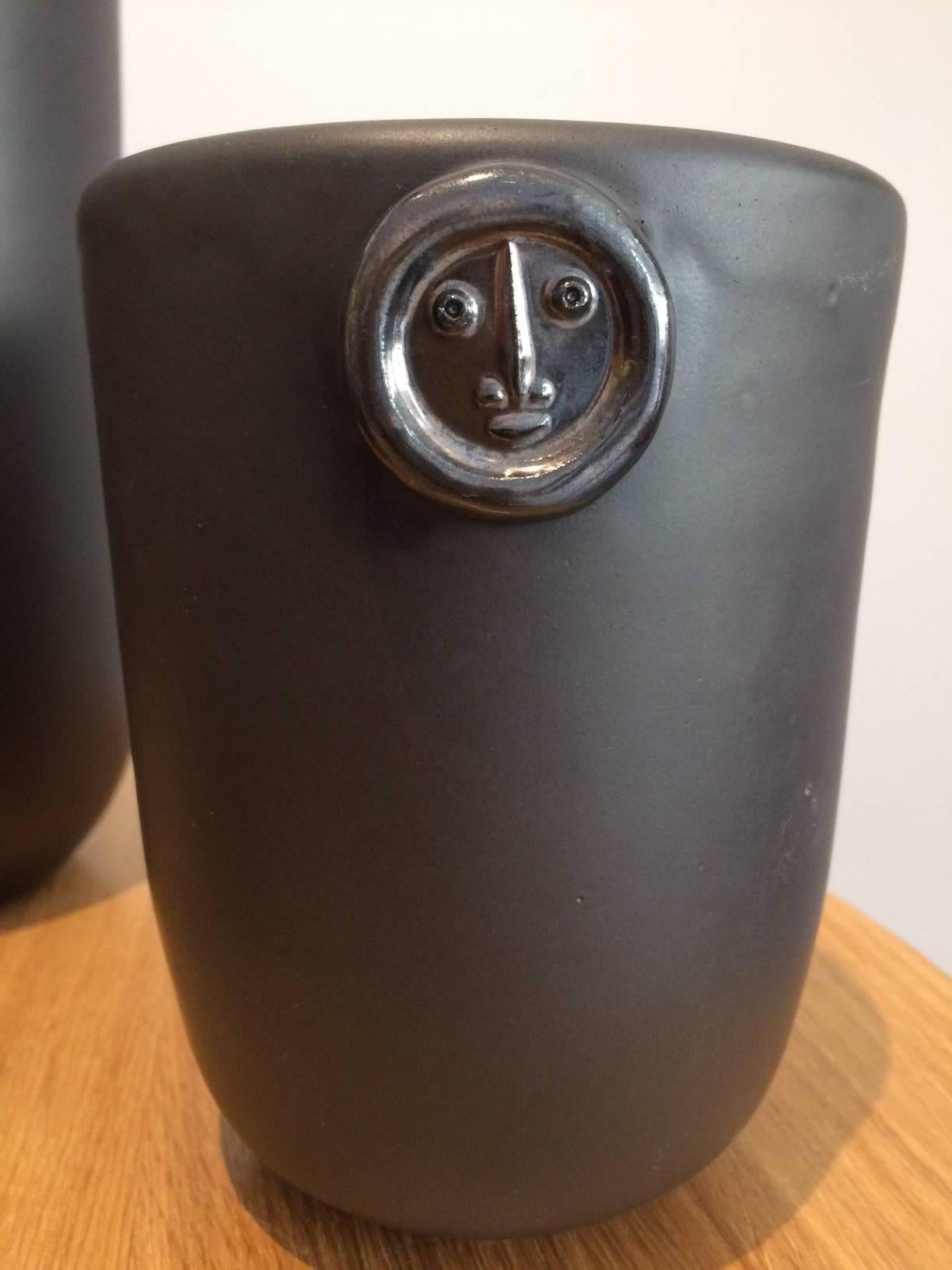 Contemporary Set of Three Black Ceramic Vases Signed by DaLo