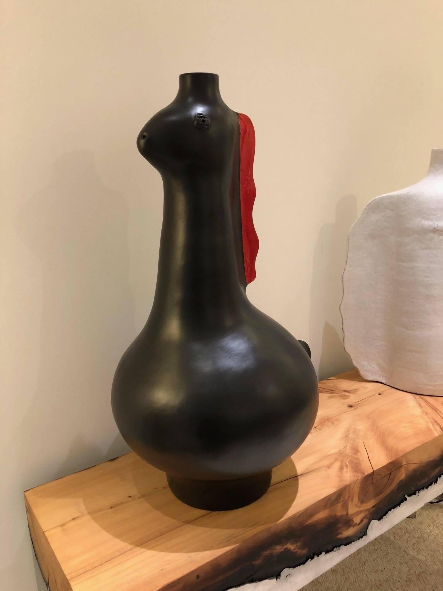 Contemporary Large Zoomorphic Ceramic Lamp Base Glazed in Black Signed by Dalo