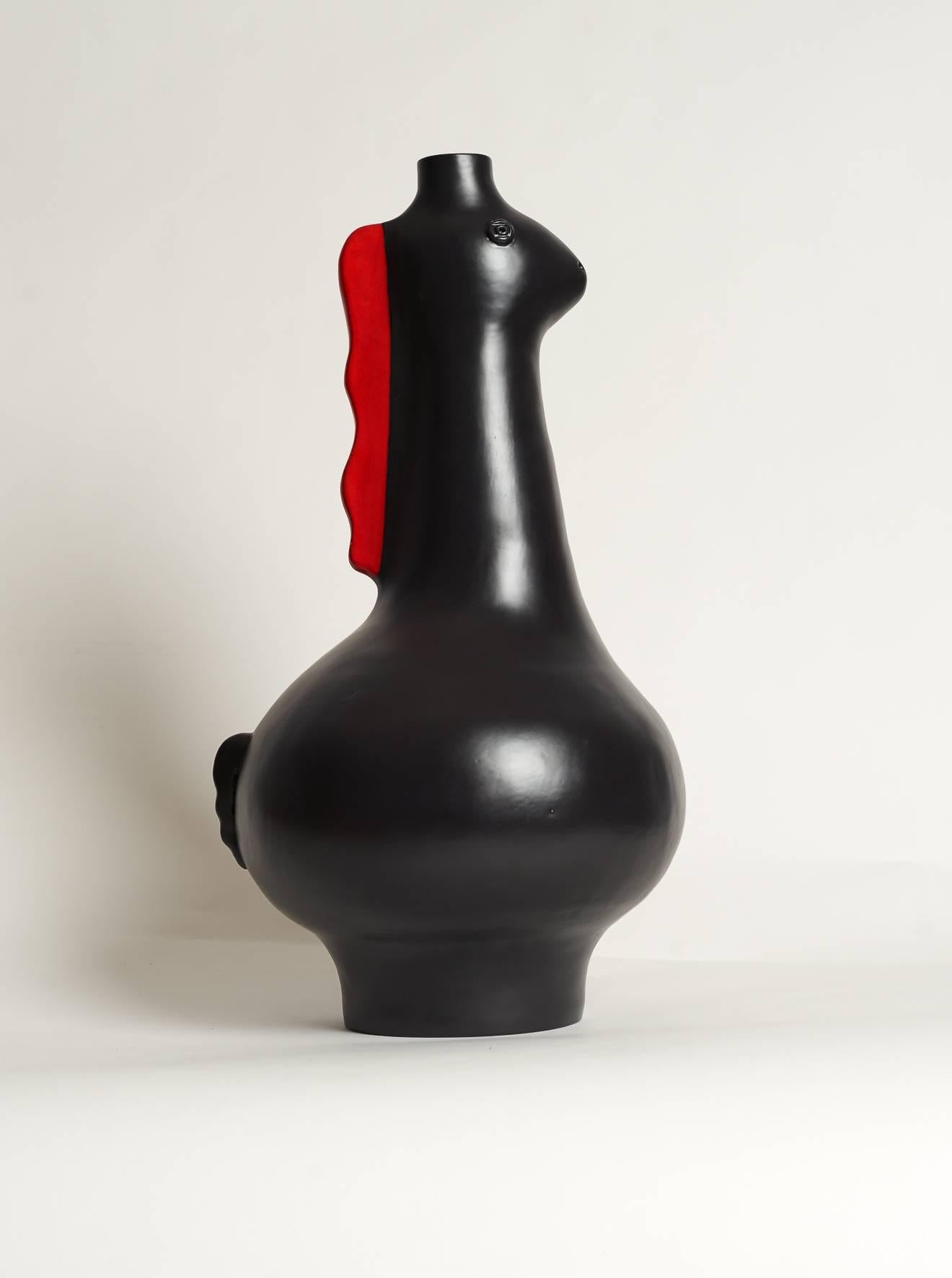 Handmade zoomorphic sculpture forming lamp-base, stoneware glazed in deep shiny black and red comb.

One of a kind piece signed by the French ceramicists Dalo.

The height dimensions are for the pottery sculpture only H 60 cm. 

Note to