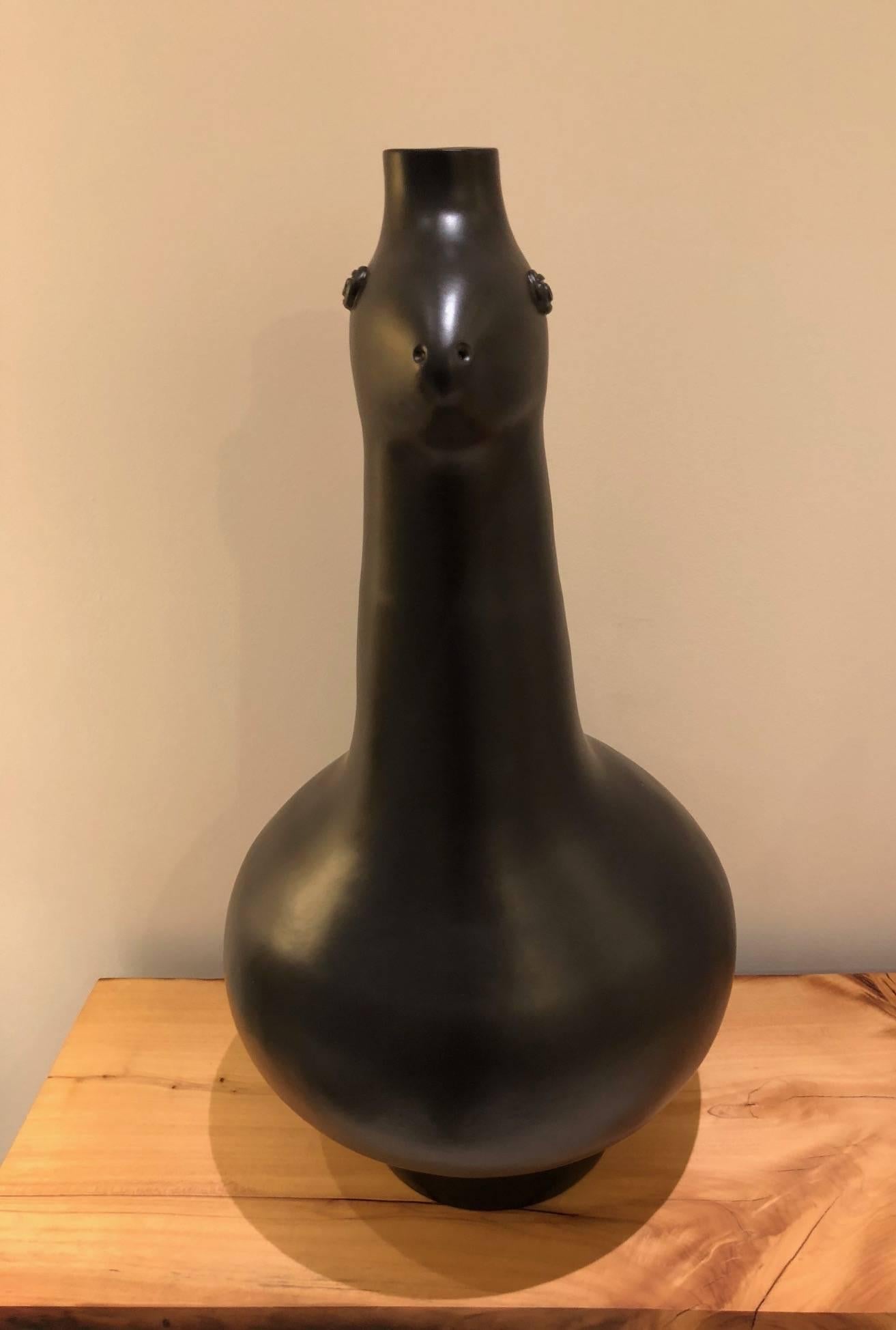 Large Zoomorphic Ceramic Lamp Base Glazed in Black Signed by Dalo 2