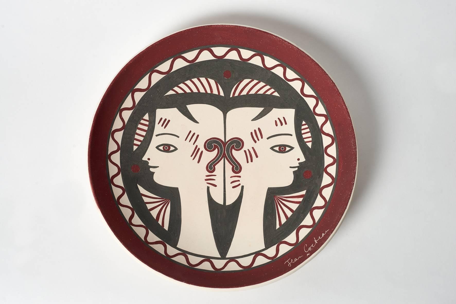 Jean Cocteau ceramic dish - Etrurie - 1958
Edition originale Madeline & Jolly with certificat d'origine dated et signed from 1961.
White earthenware with black and dark red - Diameter 36 cm.

This one is 
