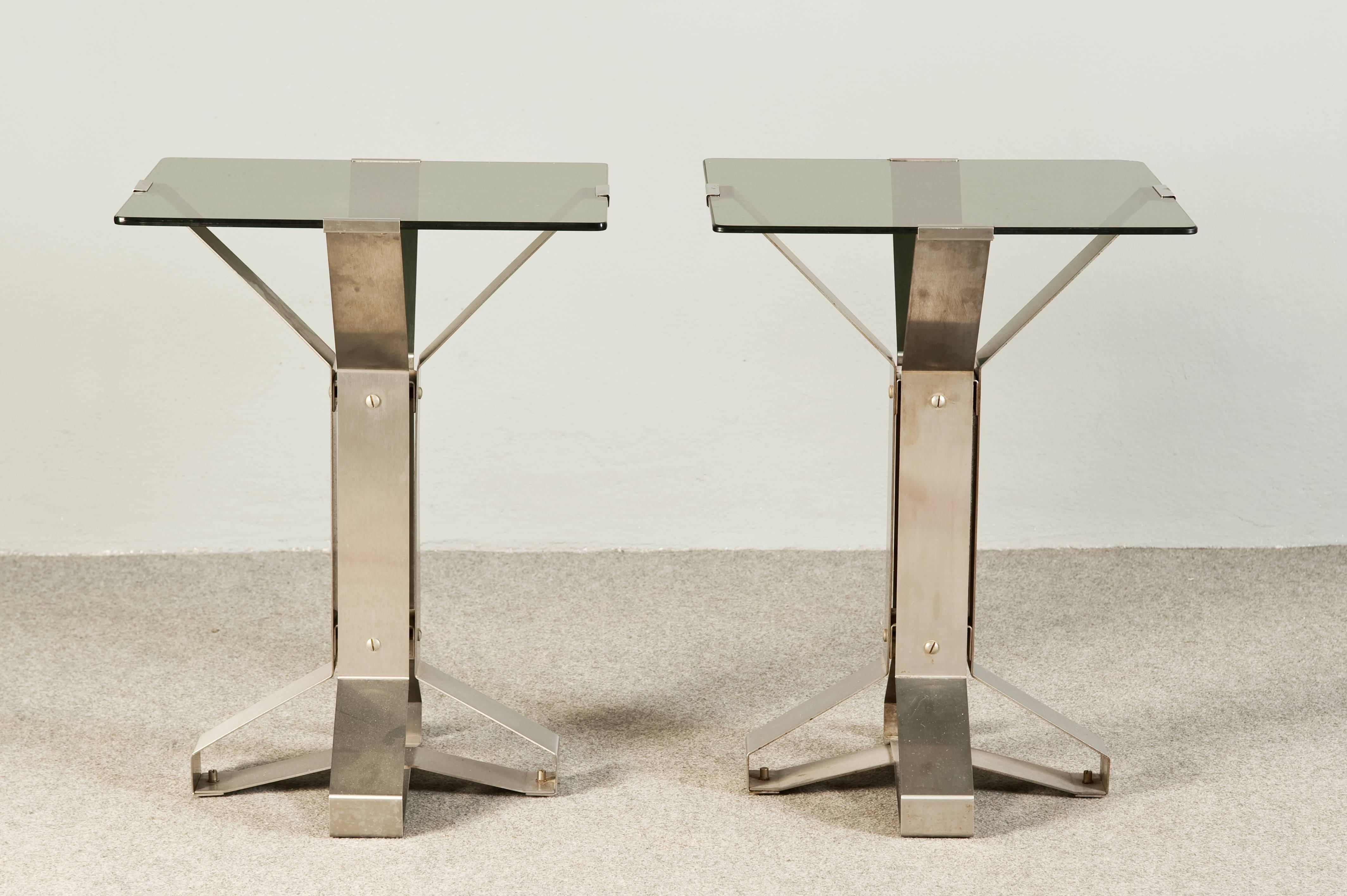 Stunning pair of squared chrome and smoked glass coffee tables.