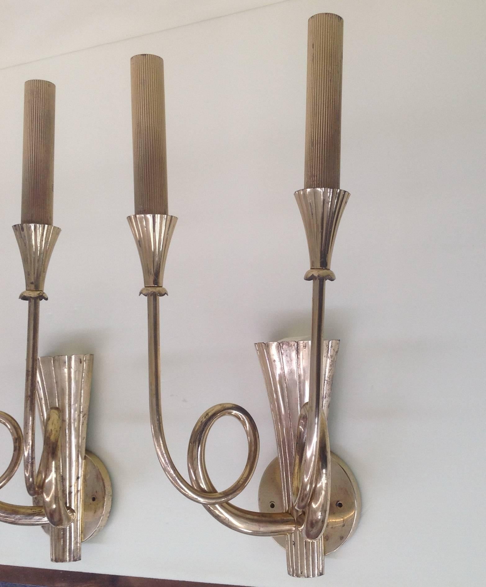 Mid-20th Century Extraordinary Pair of Brass Wall Sconces