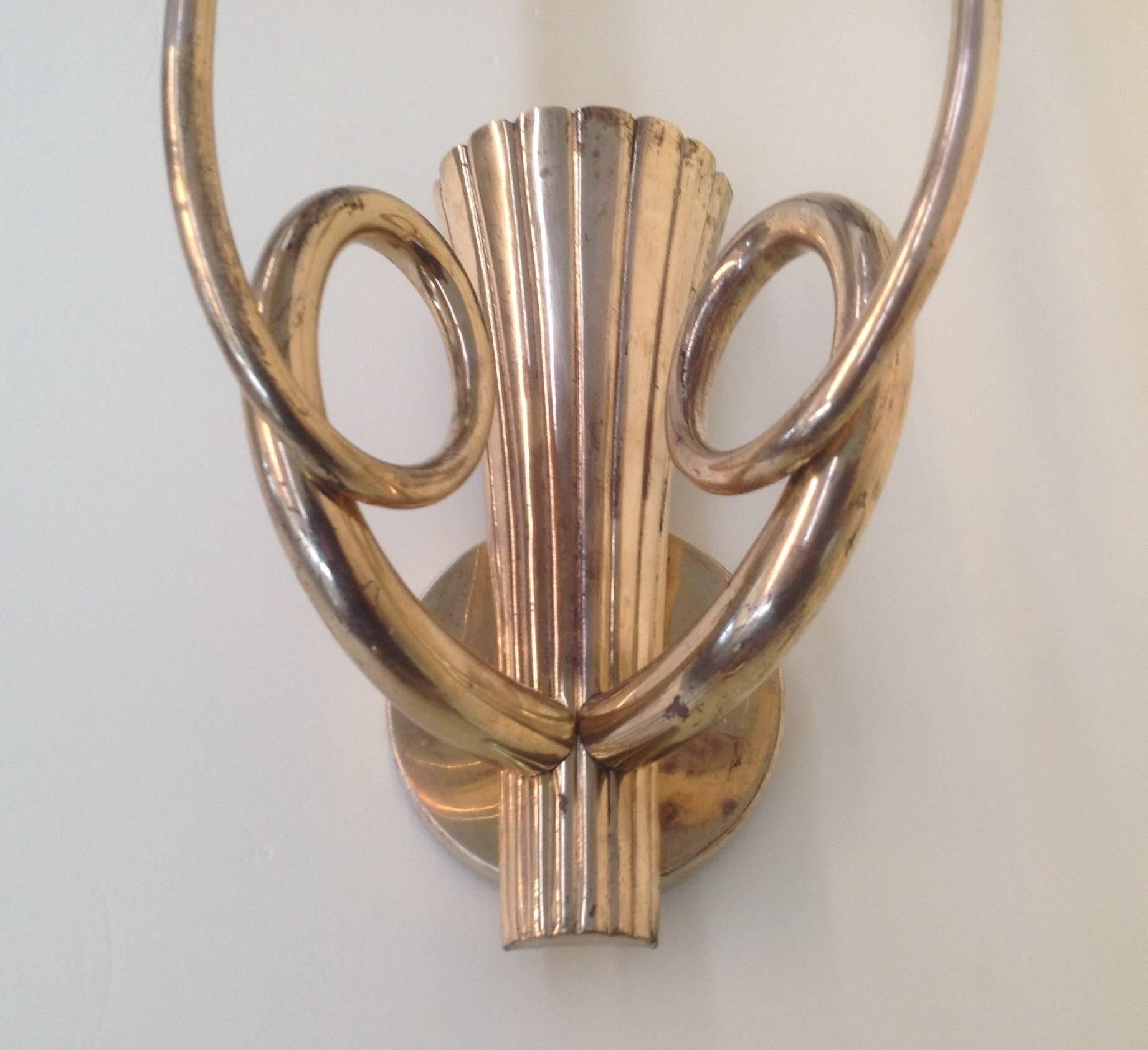 Mid-Century Modern Extraordinary Pair of Brass Wall Sconces