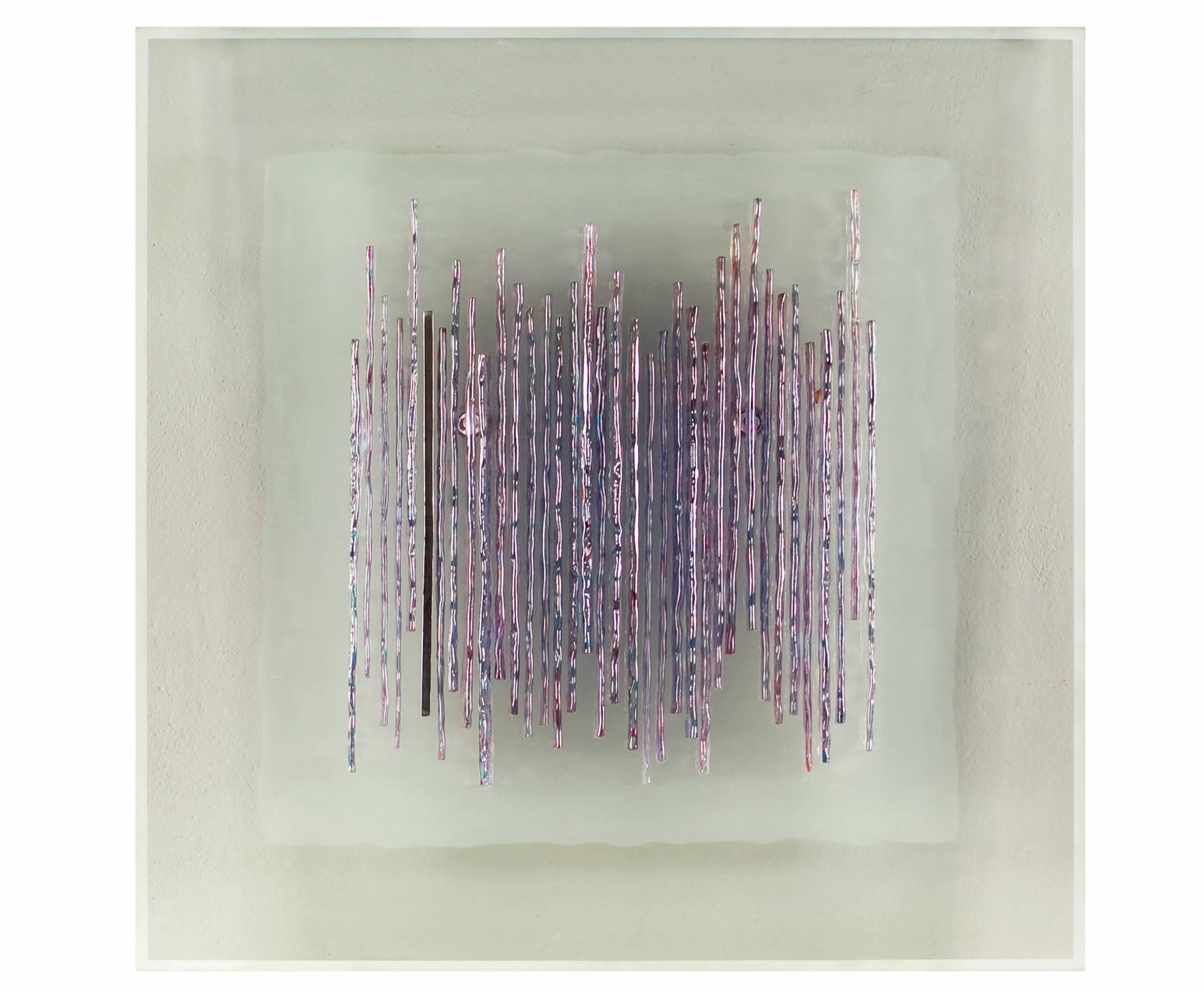 Huge panel glass wall light signed Angelo Brotto 1973. Squared clear glass with lilac glass stripe.
Esperia Prod. 1973.
   