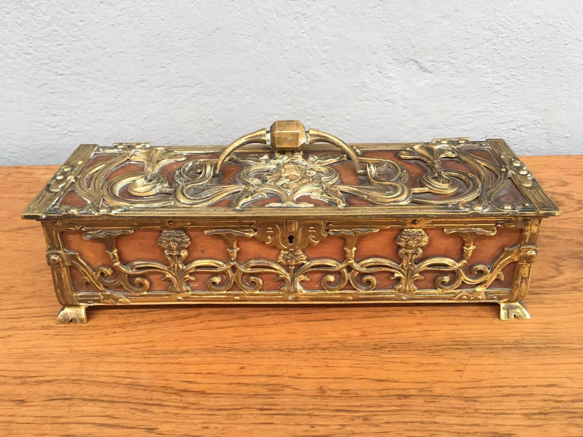 Art Nouveau Precious Bronze and Parchment Jewelry Box