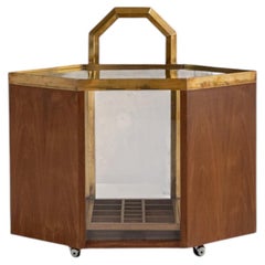 Italian Bar Cart, Walnut Wood, Brass & Glass, Geometric Design, 1977