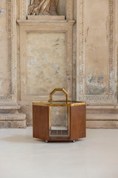 Italian Bar Cart, Walnut Wood, Brass & Glass, Geometric Design, 1977