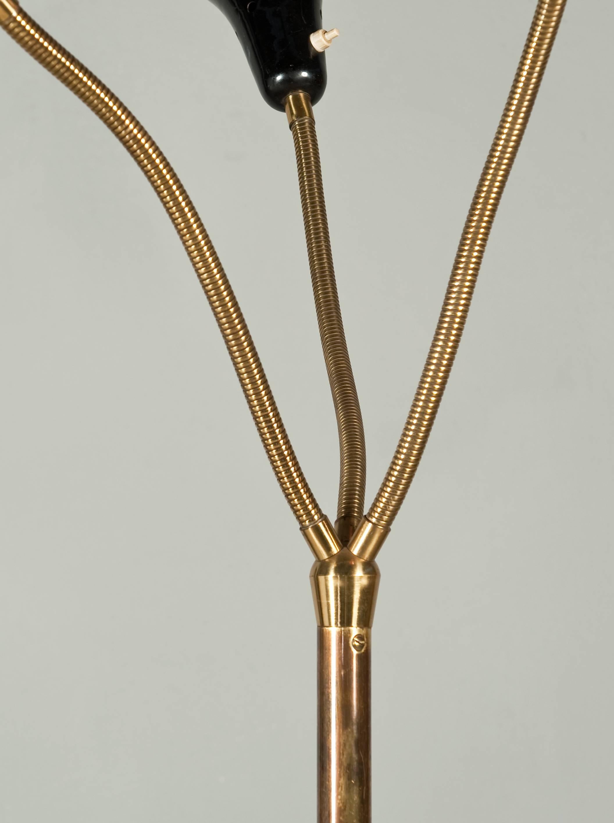 Stunning brass and metal floor lamp, black, white and orange metal lacquered cones.