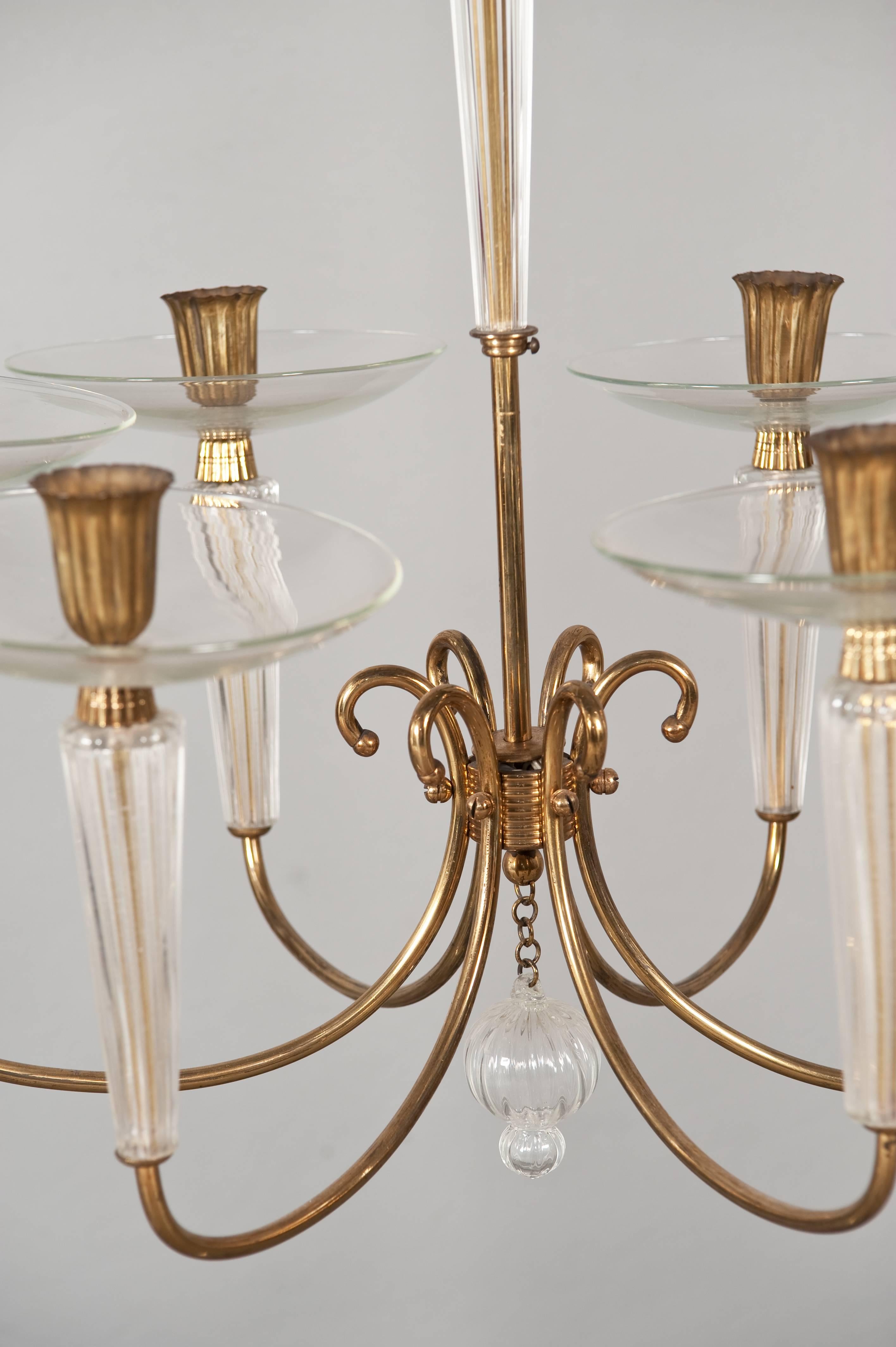 Italian Glamorous Brass and Glass Chandelier Attributed to Venini