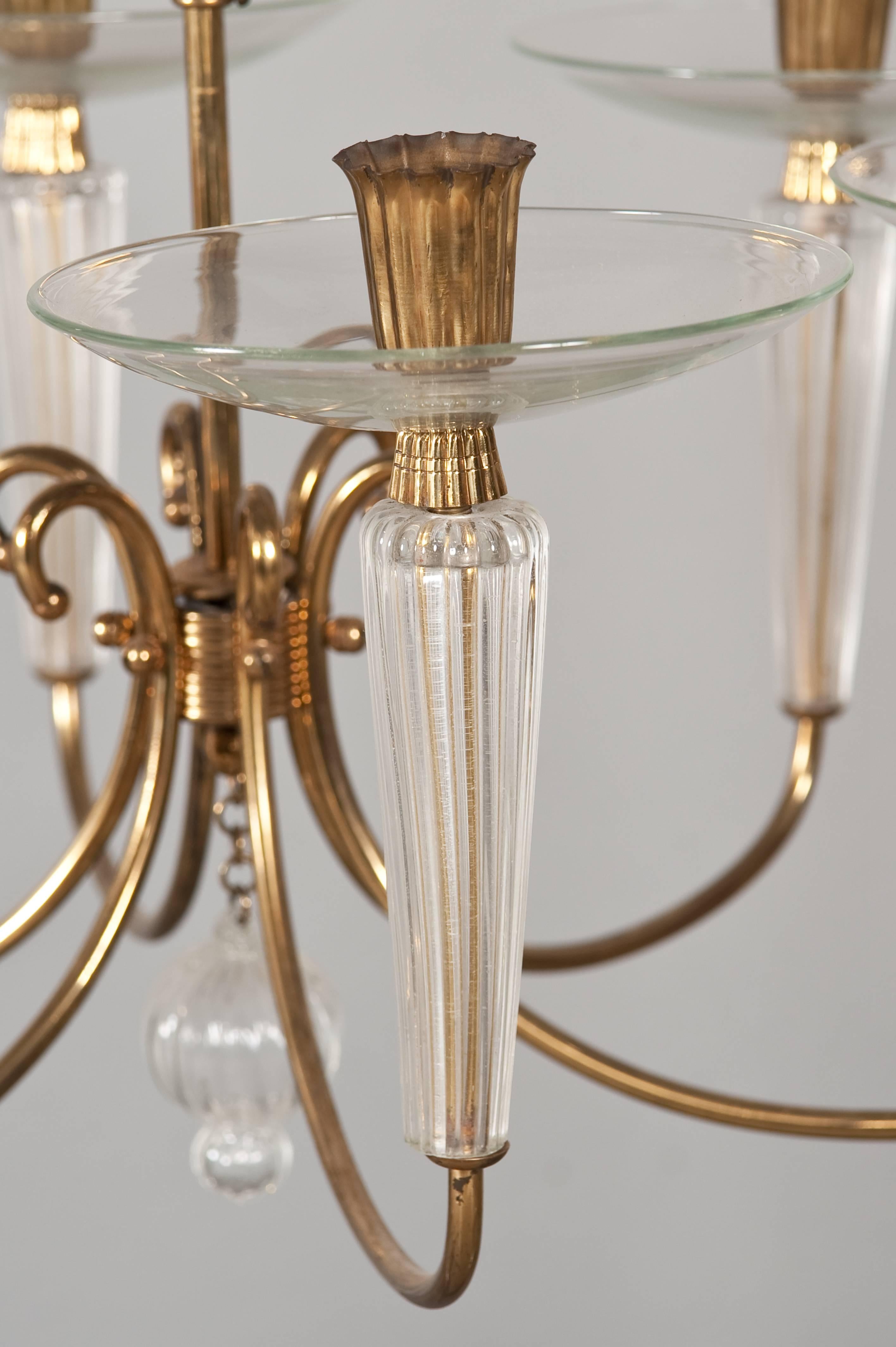Mid-Century Modern Glamorous Brass and Glass Chandelier Attributed to Venini