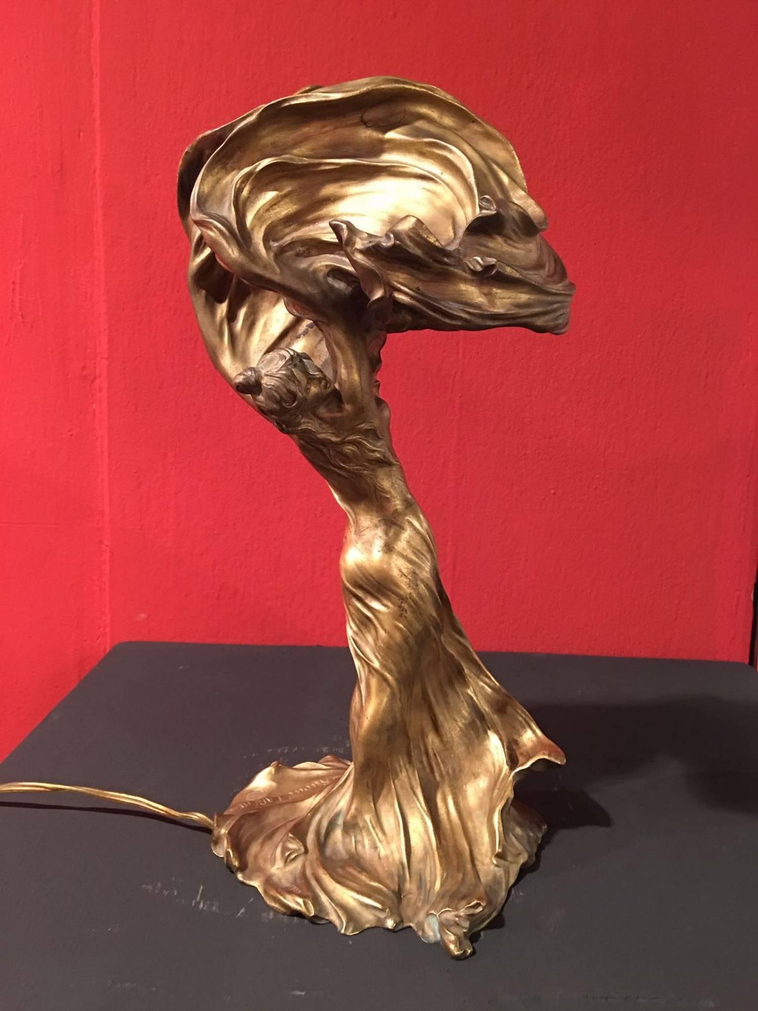 Art Nouveau Elegant Bronze Lighted Sculpture by Raoul Larche