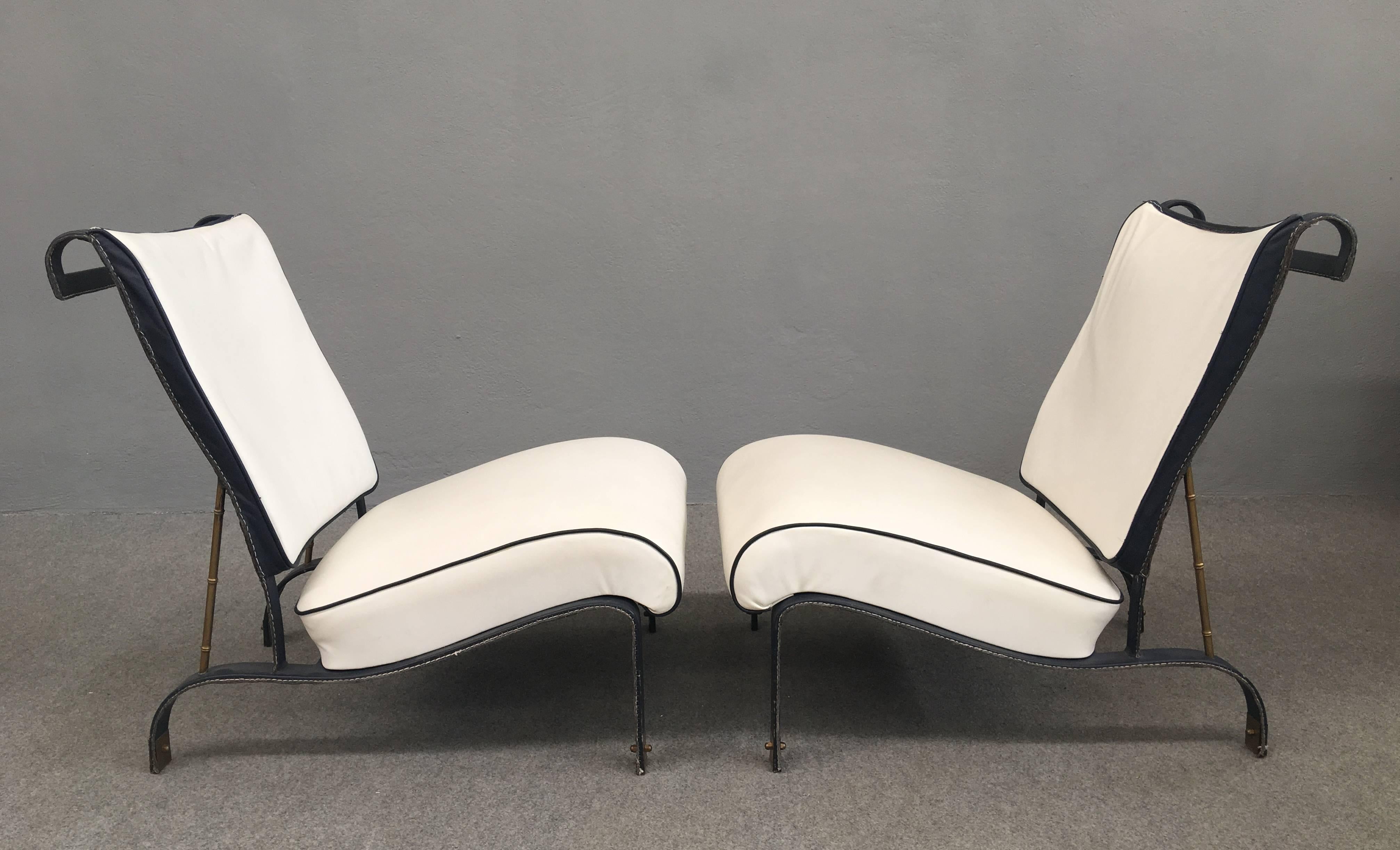 French Extraordinary Pair of Leather Armchairs Attributed to Jacques Adnet