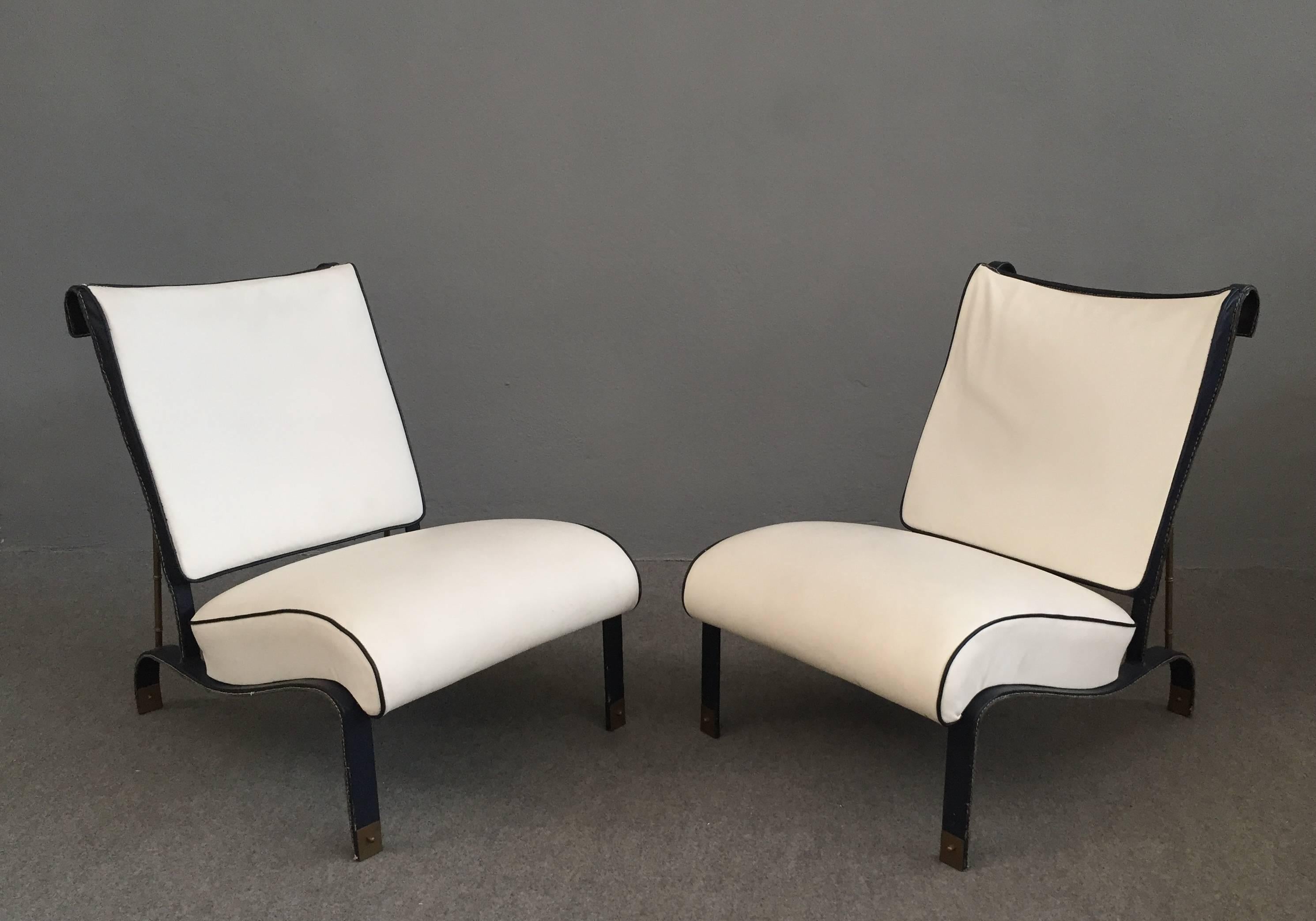 Mid-20th Century Extraordinary Pair of Leather Armchairs Attributed to Jacques Adnet