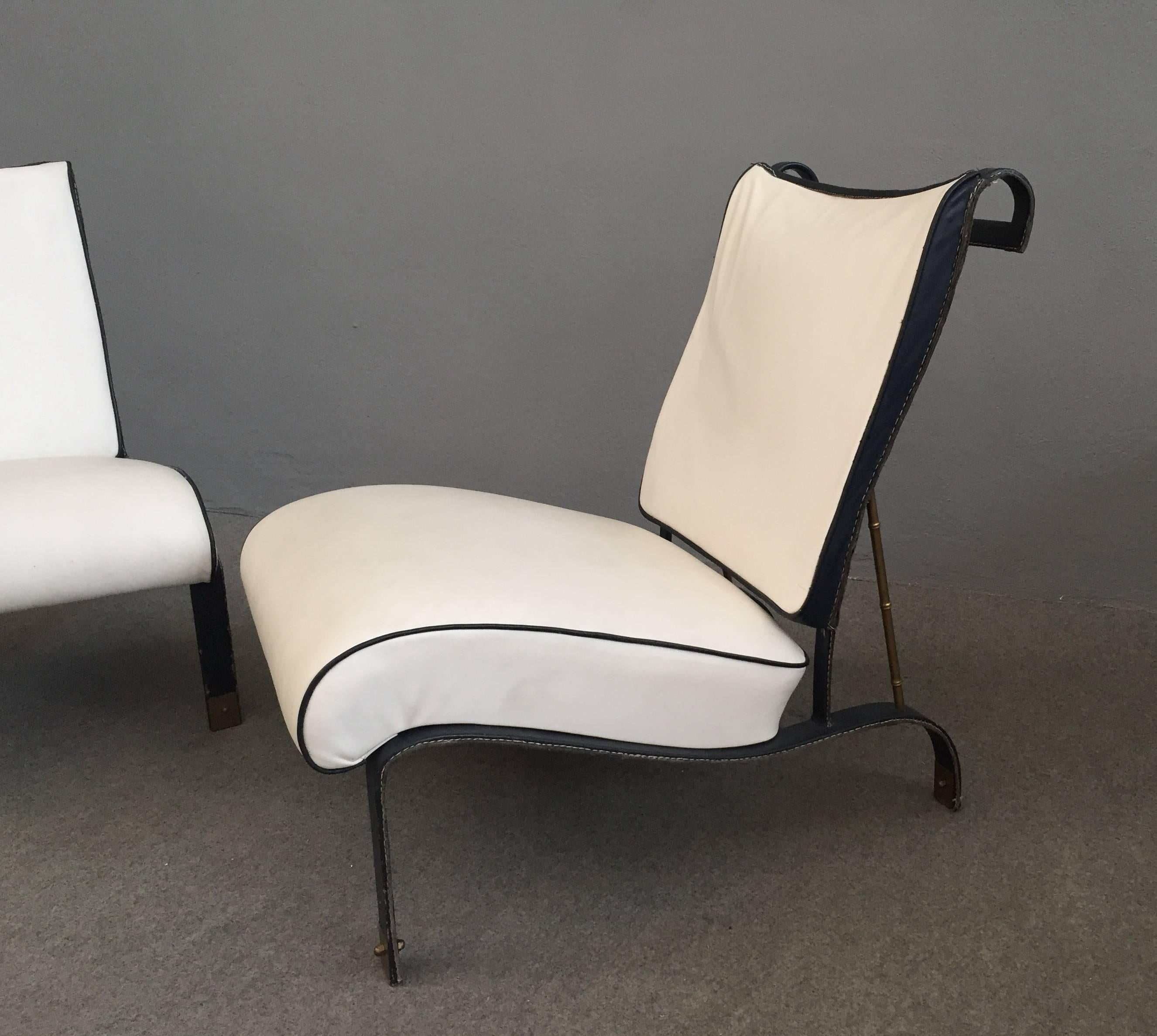 Extraordinary Pair of Leather Armchairs Attributed to Jacques Adnet 1