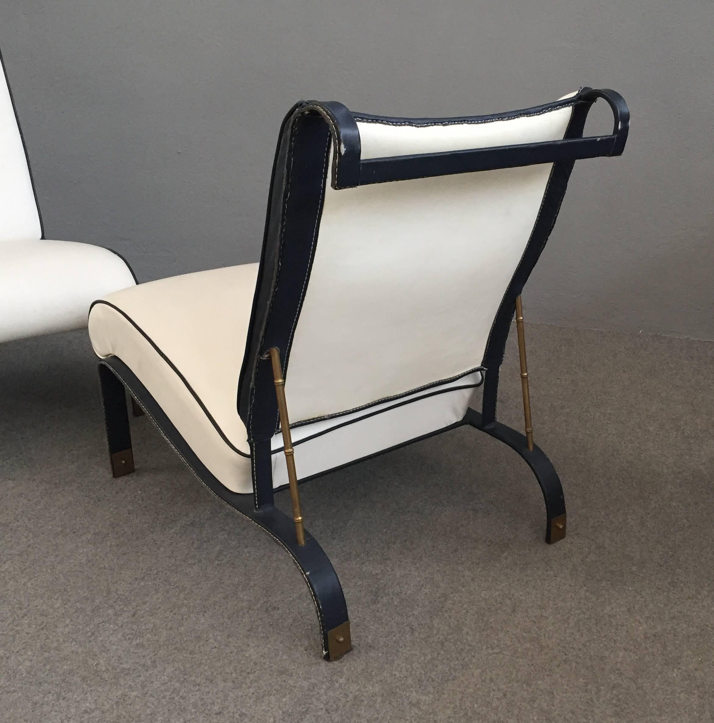 Extraordinary Pair of Leather Armchairs Attributed to Jacques Adnet 2