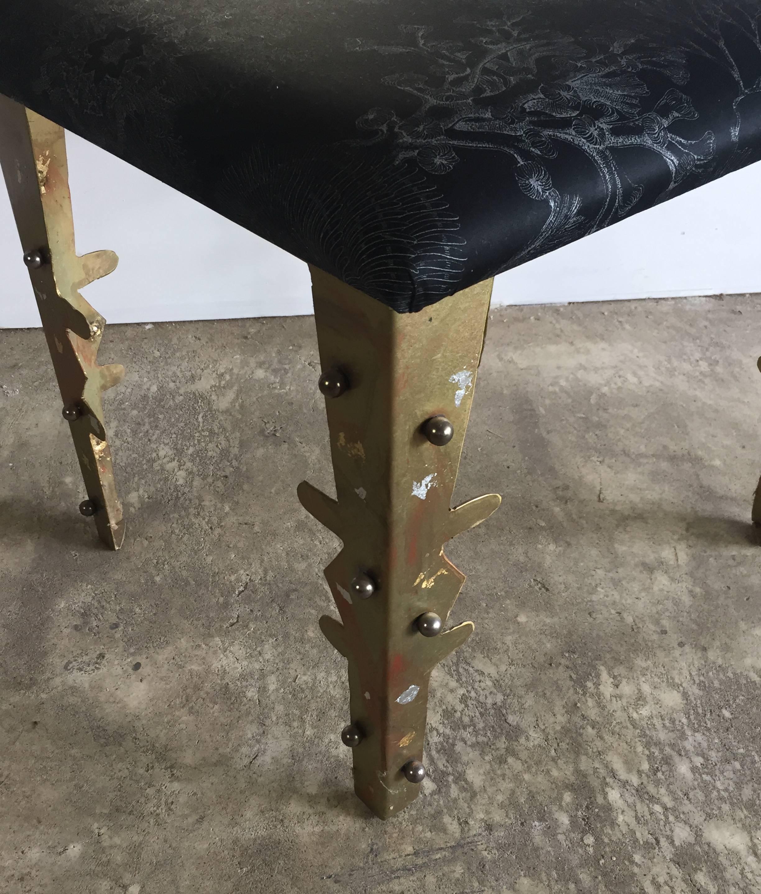 Very stunning brass chair called Nel Profondo del Mare.
 Fornasetti fabric seat.
Valerio Saltarelli Savi was born in 1967. He lives and works in a village near Piacenza.
During his artistic life collaborated with Ettore Sottsass, Franz West,