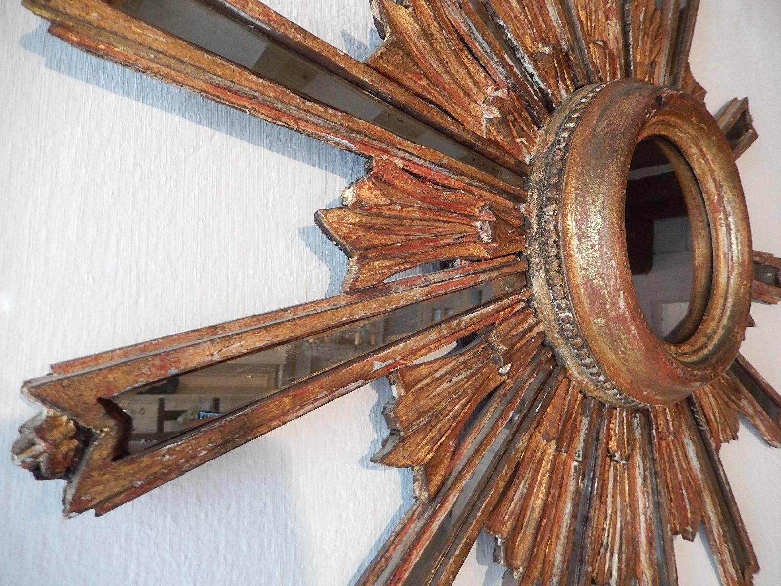 1900 Italian Giltwood Starburst Mirror with Mirrored Rays In Excellent Condition In Firenze, Toscana