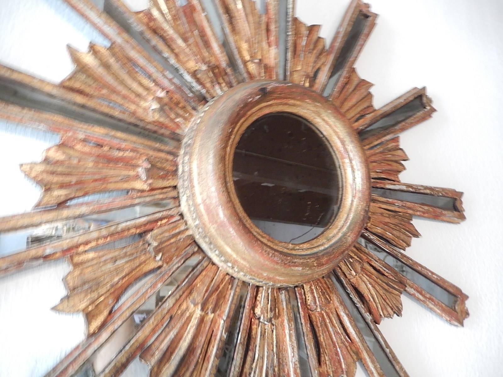 1900 Italian Giltwood Starburst Mirror with Mirrored Rays 2