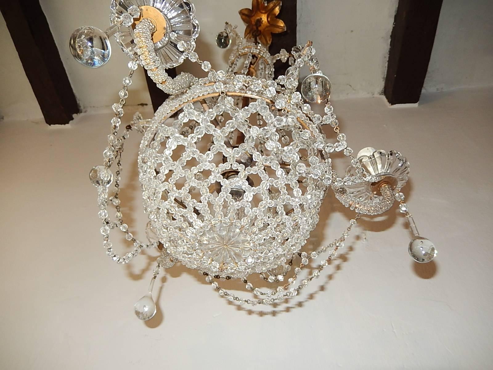 Early 20th Century French Petit Crystal Beaded Basket Maison Bagues Style Chandelier