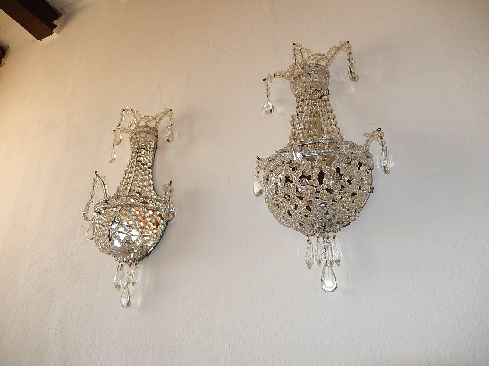 Italian Crystal Beaded Basket with Prisms and Mirrors Sconces