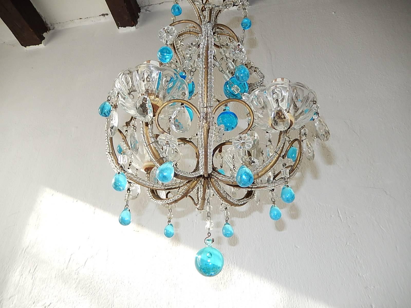 French Petit Beaded Blue Murano Drops Chandelier, circa 1920 In Excellent Condition In Firenze, Toscana