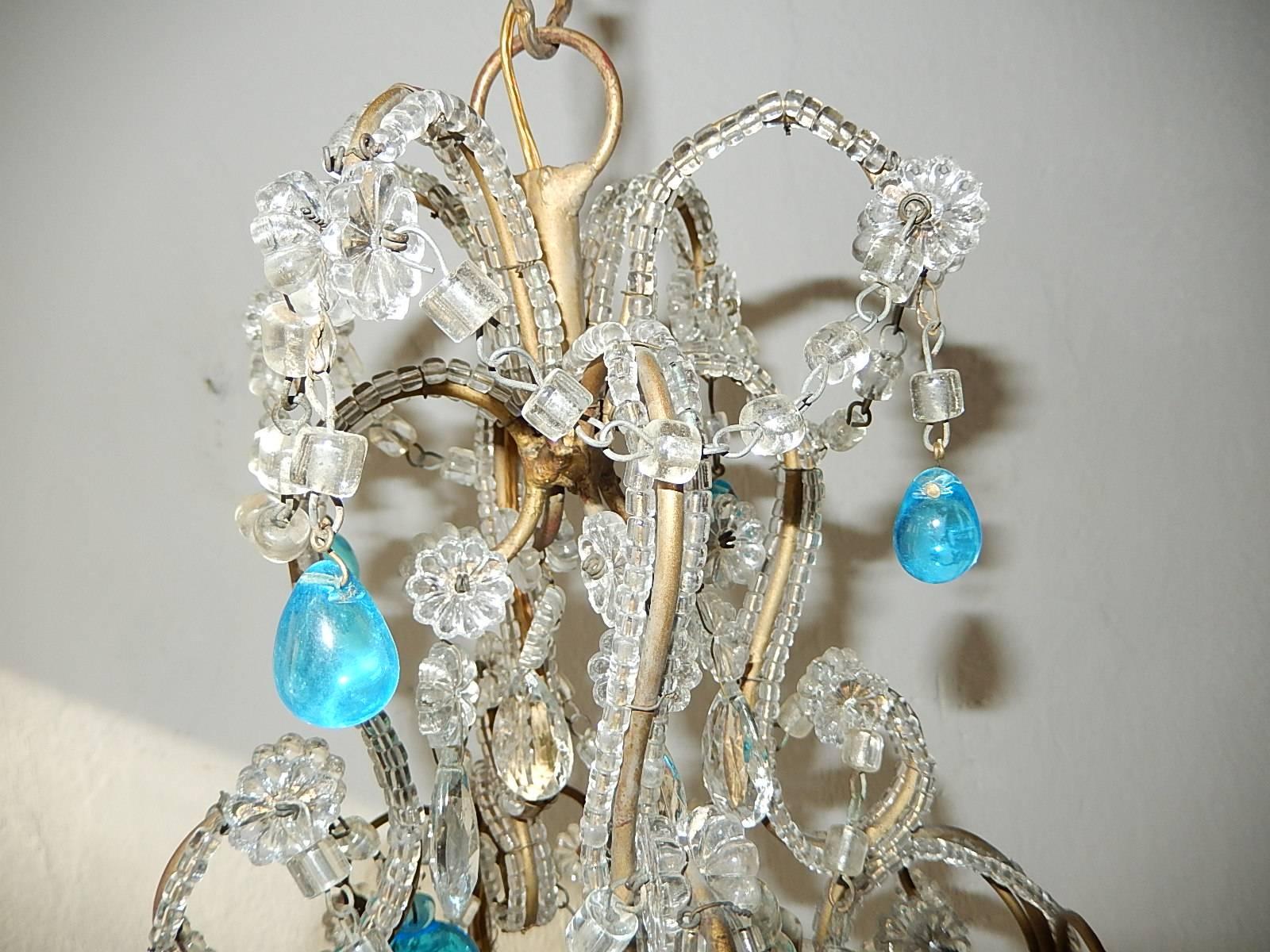 French Petit Beaded Blue Murano Drops Chandelier, circa 1920 1