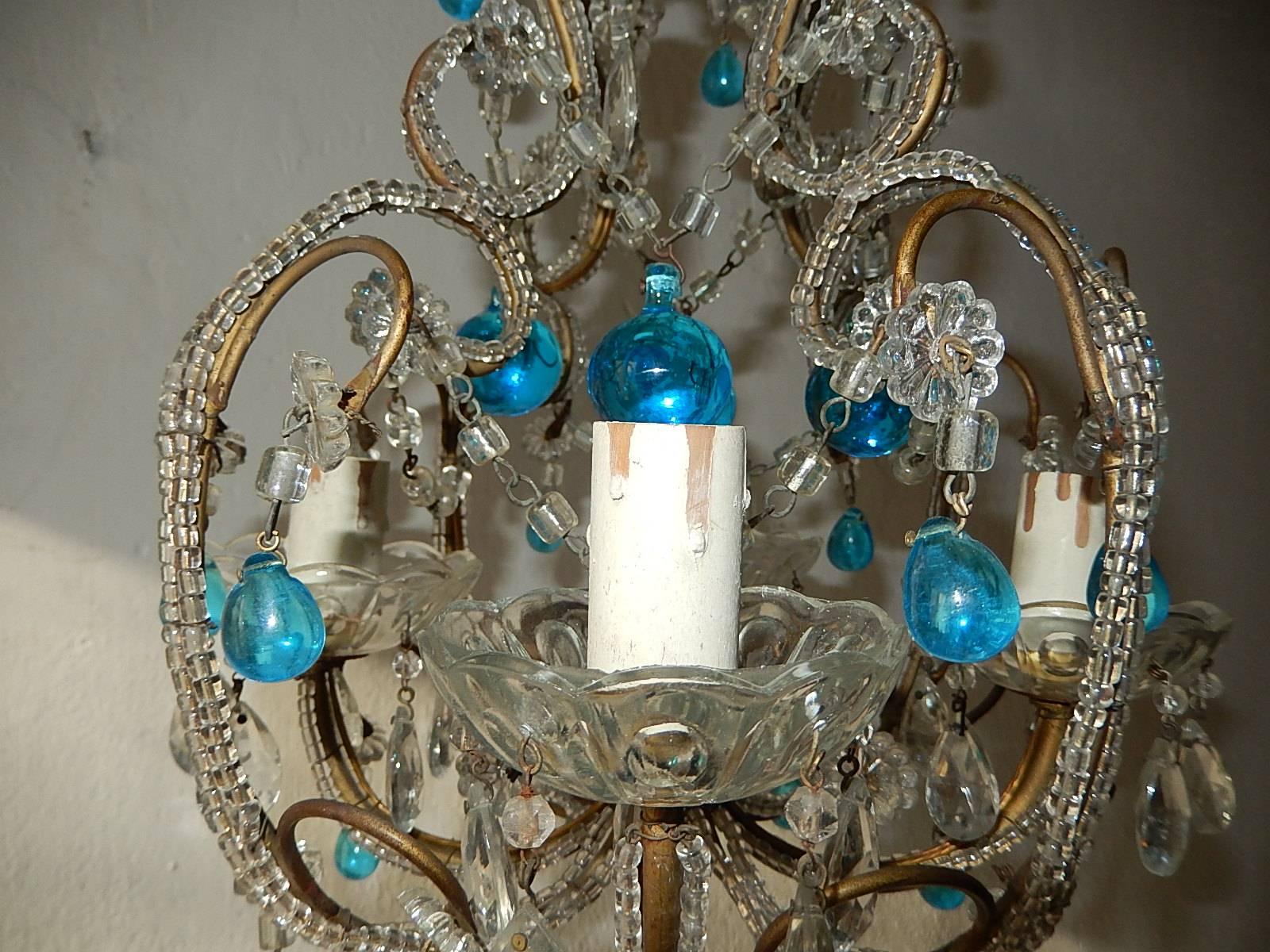 Early 20th Century French Petit Beaded Blue Murano Drops Chandelier, circa 1920