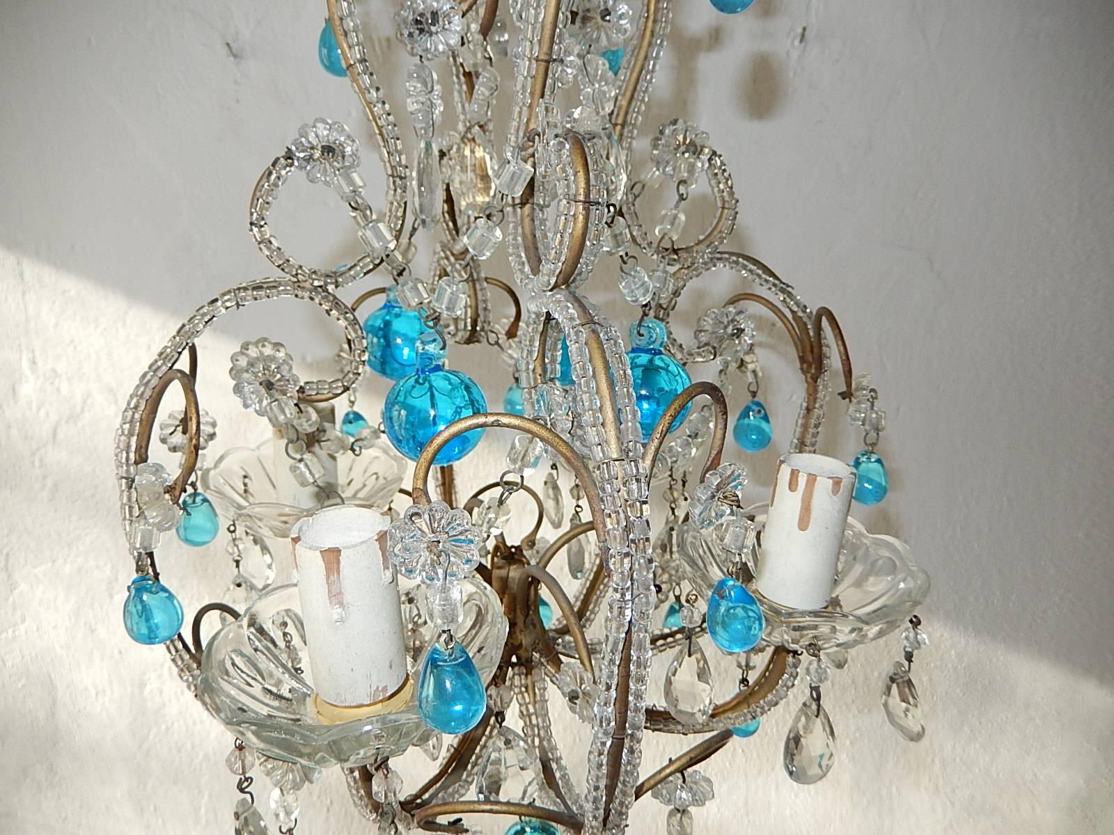 French Petit Beaded Blue Murano Drops Chandelier, circa 1920 2