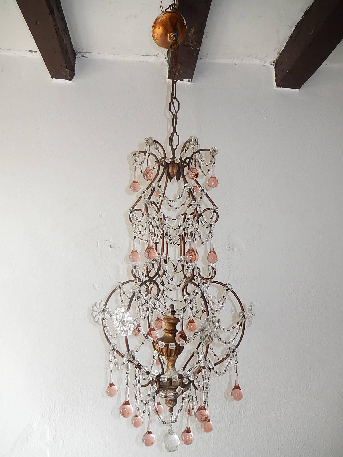 Housing 1 light in top center.  Gilt center and bottom with gold worn off in places and one inch crack in the wood.  Swags of macaroni beads and adorning rare pink Murano drops.  Re wired and ready to hang.  Free shipping from Italy.  Adding another