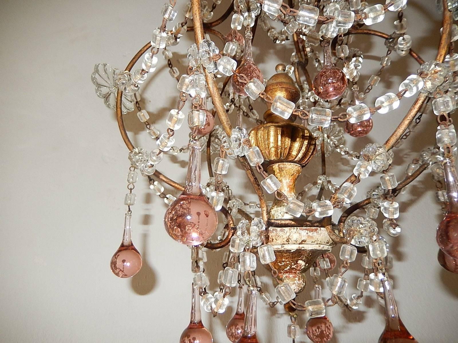 French Pink Drops Macaroni Bead Swags Chandelier In Good Condition In Modena (MO), Modena (Mo)