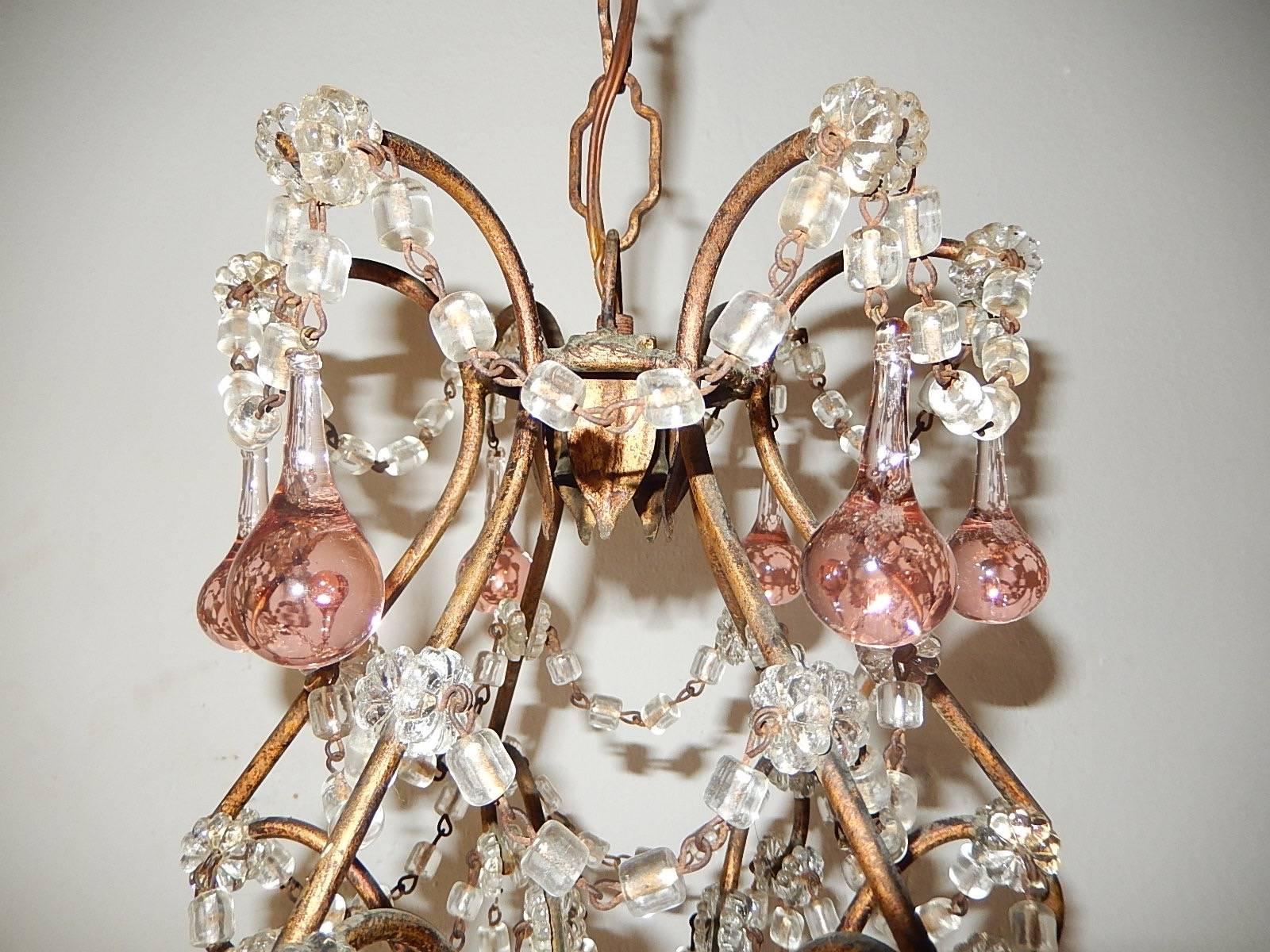 Mid-20th Century French Pink Drops Macaroni Bead Swags Chandelier