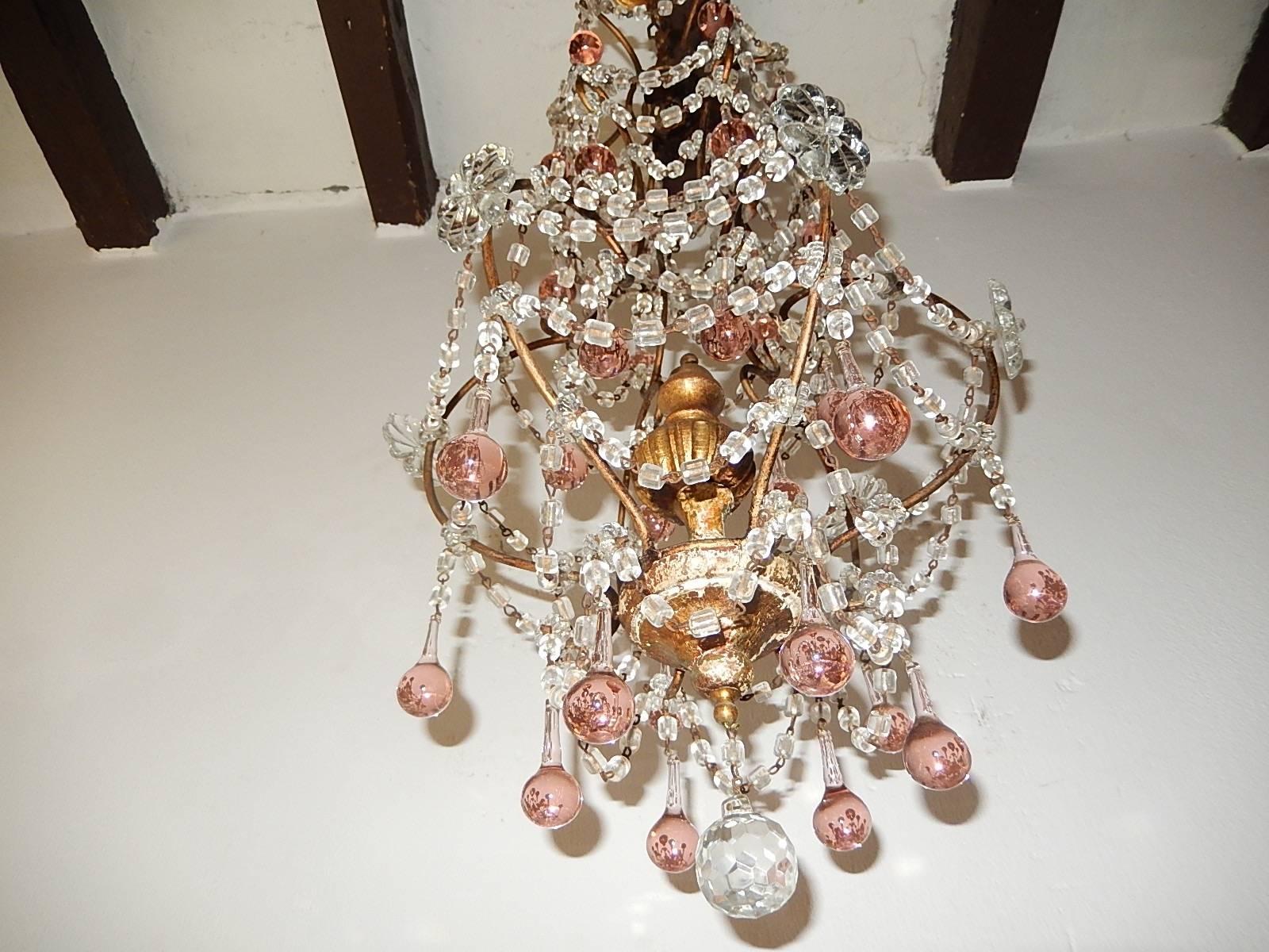 Giltwood French Pink Drops Macaroni Bead Swags Chandelier