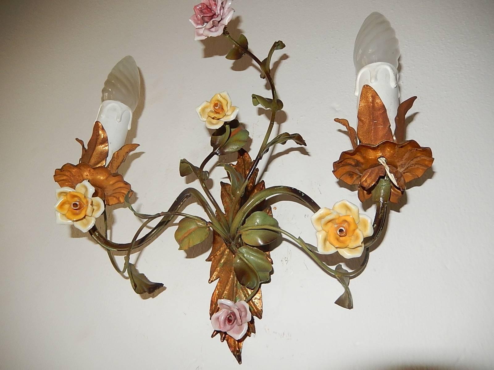 Late 19th Century 19th Century Italian Tole and Porcelain Roses Polychrome Sconces